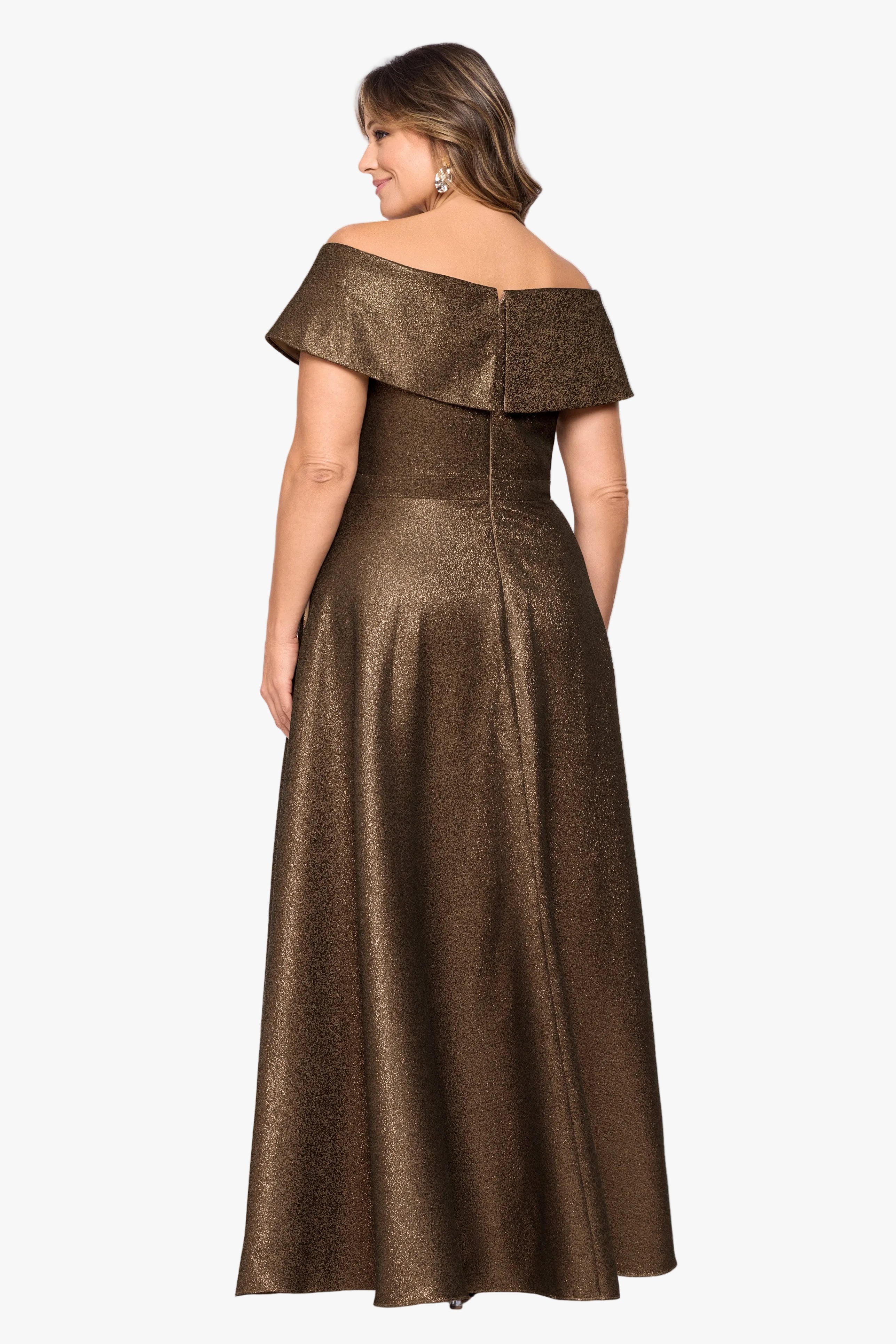 Plus "Julien" Metallic Jacquard Off Shoulder Gown