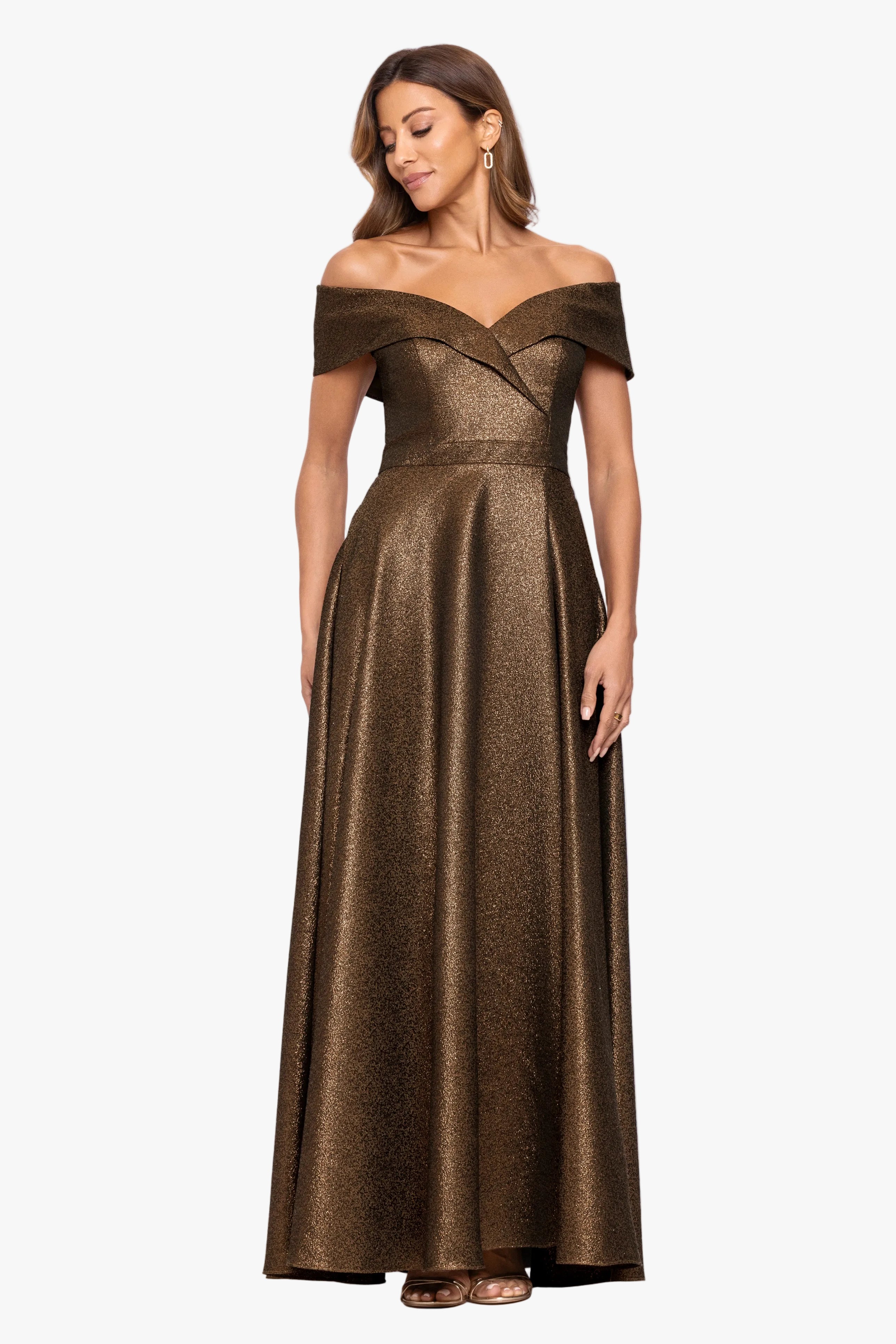 "Julien" Metallic Jacquard Off Shoulder Gown