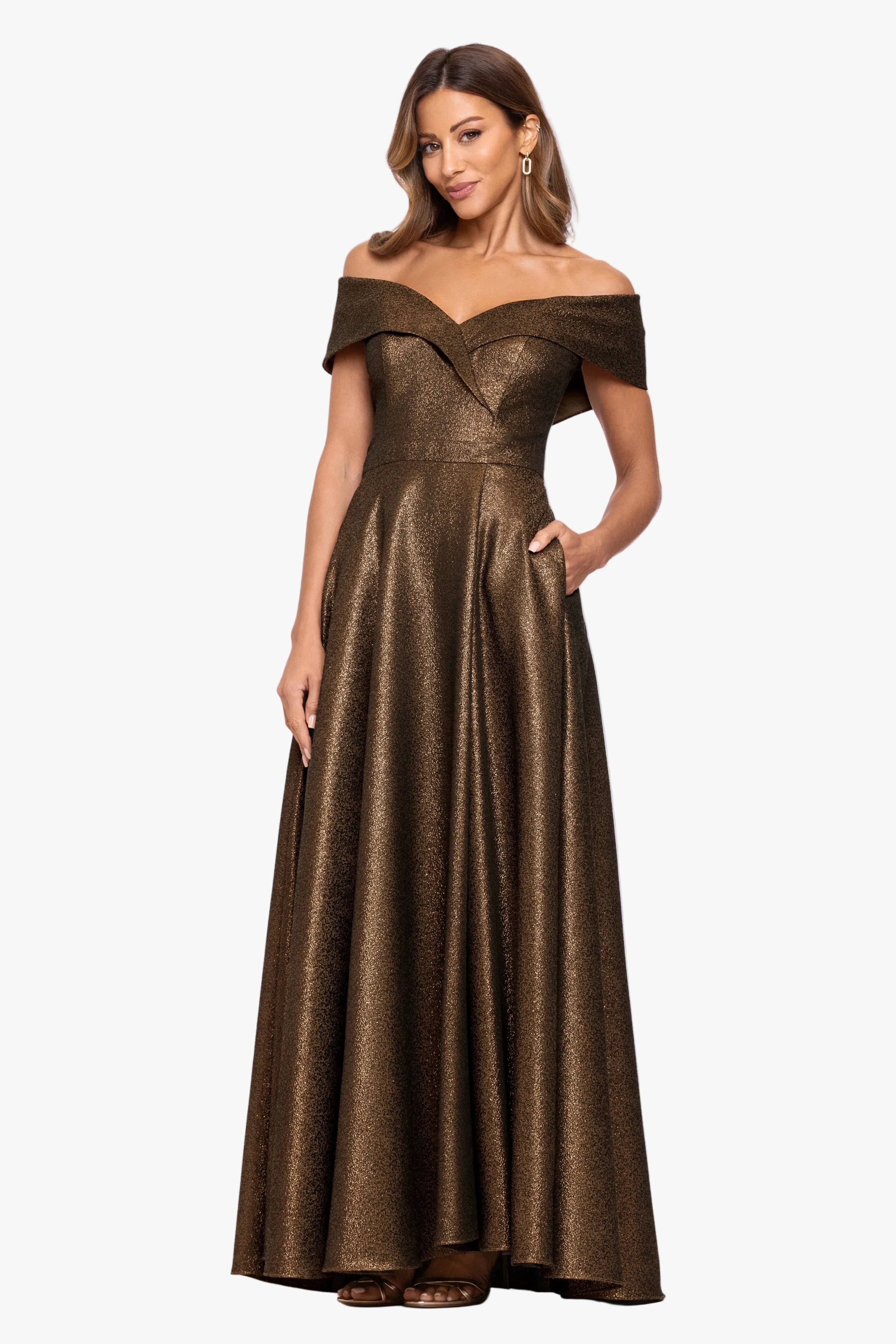 "Julien" Metallic Jacquard Off Shoulder Gown