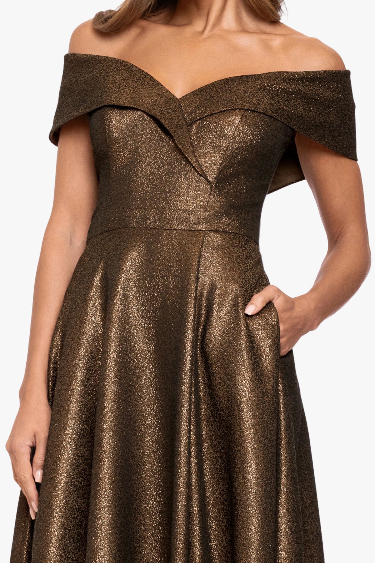 "Julien" Metallic Jacquard Off Shoulder Gown