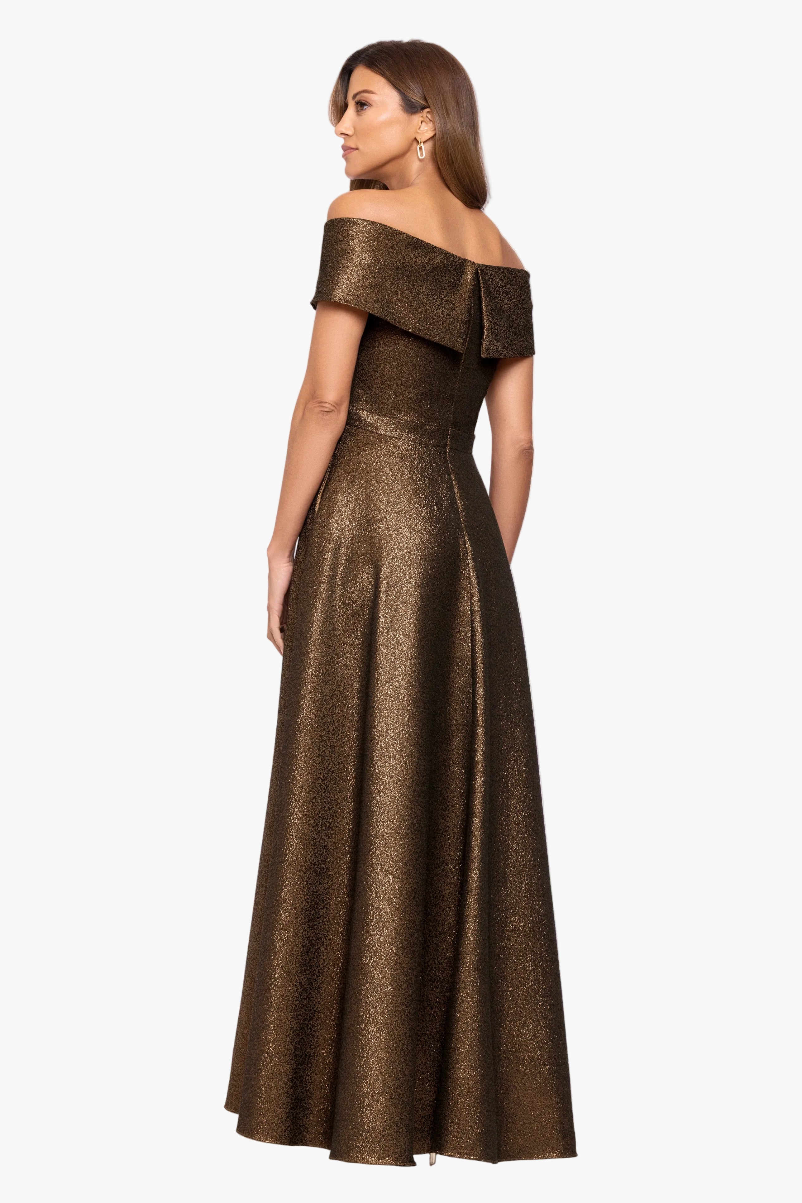 "Julien" Metallic Jacquard Off Shoulder Gown