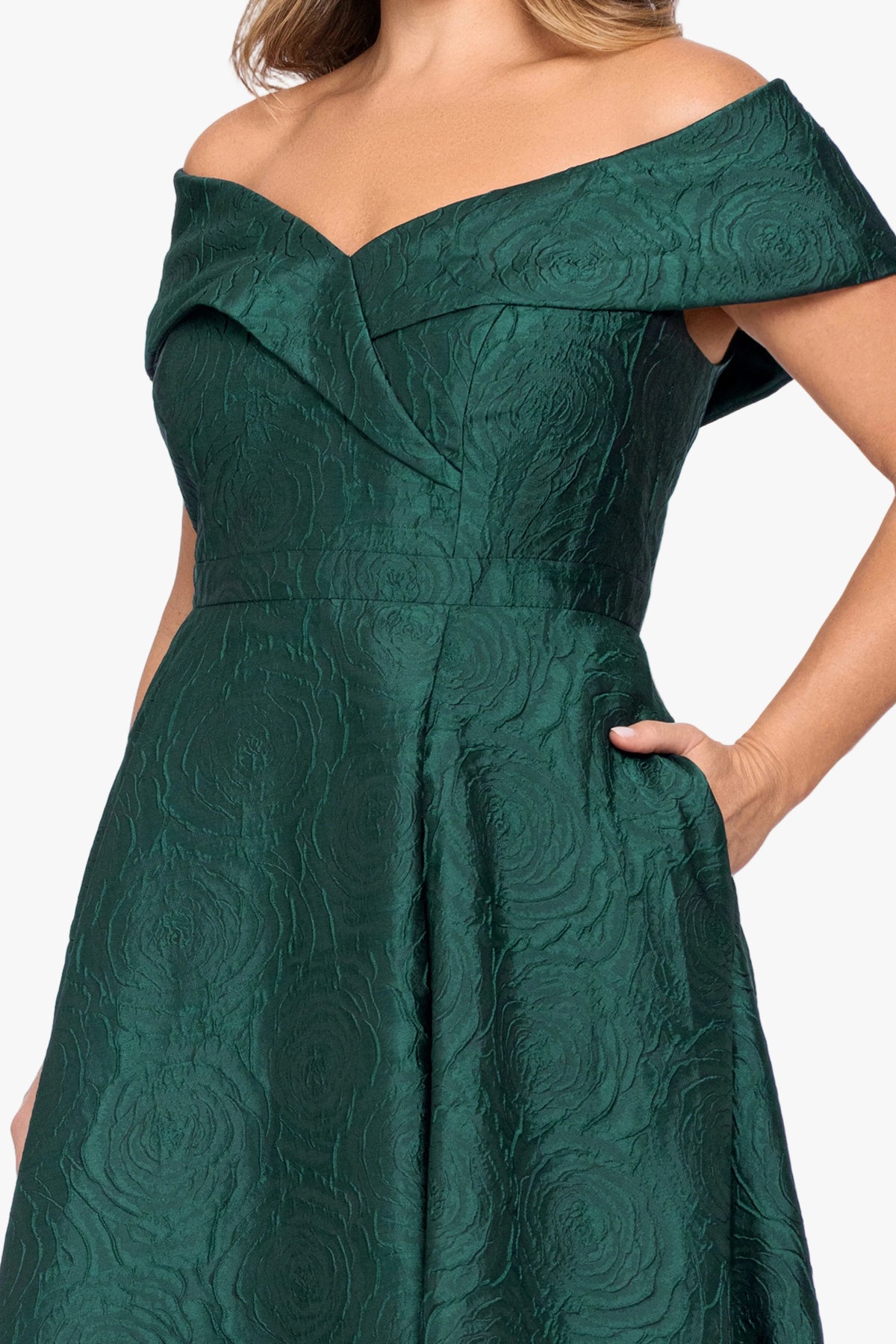 Plus "Danielle" Brocade Off Shoulder V-Neck Ballgown