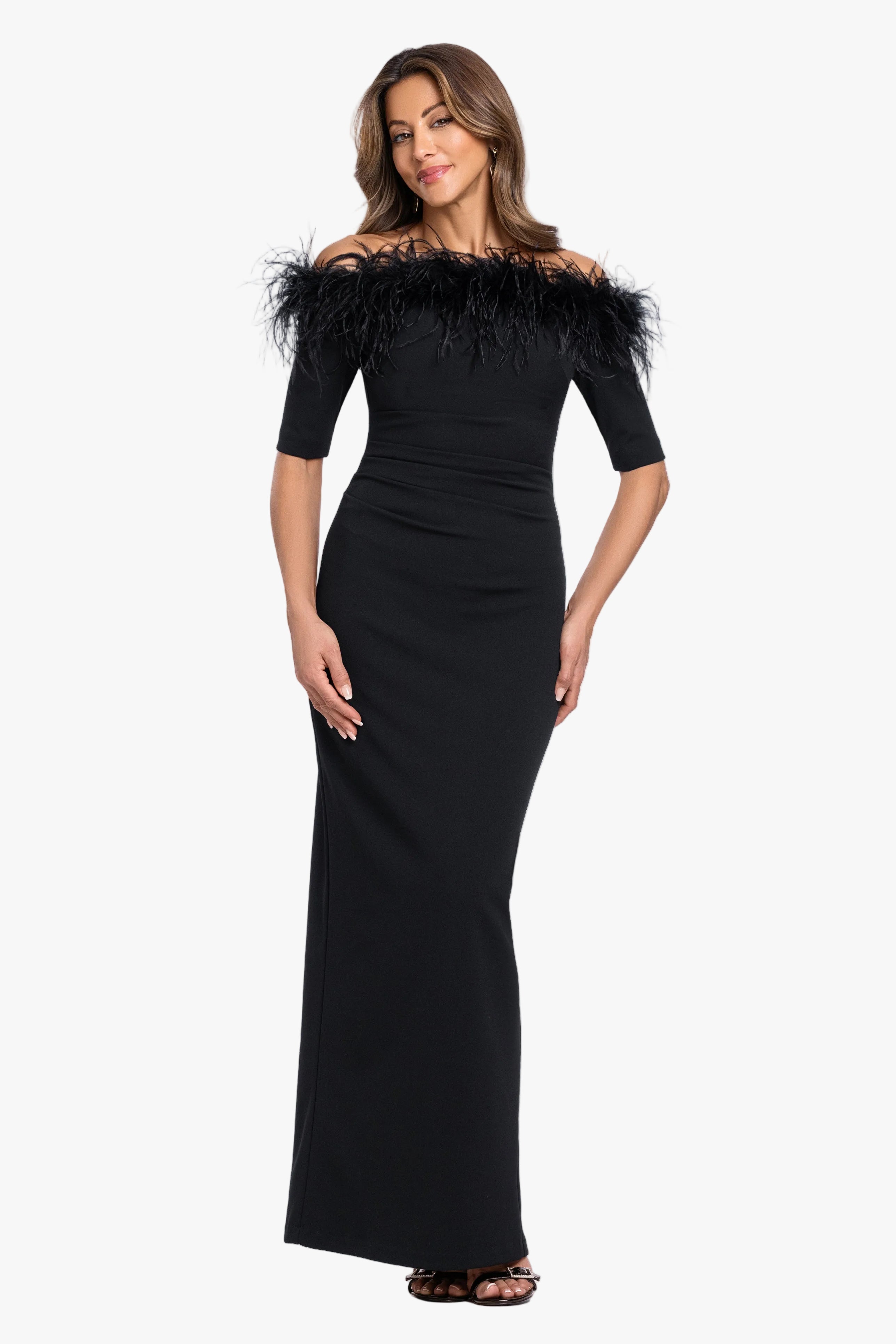 "Fawn" Scuba Crepe Off Shoulder Feather Dress