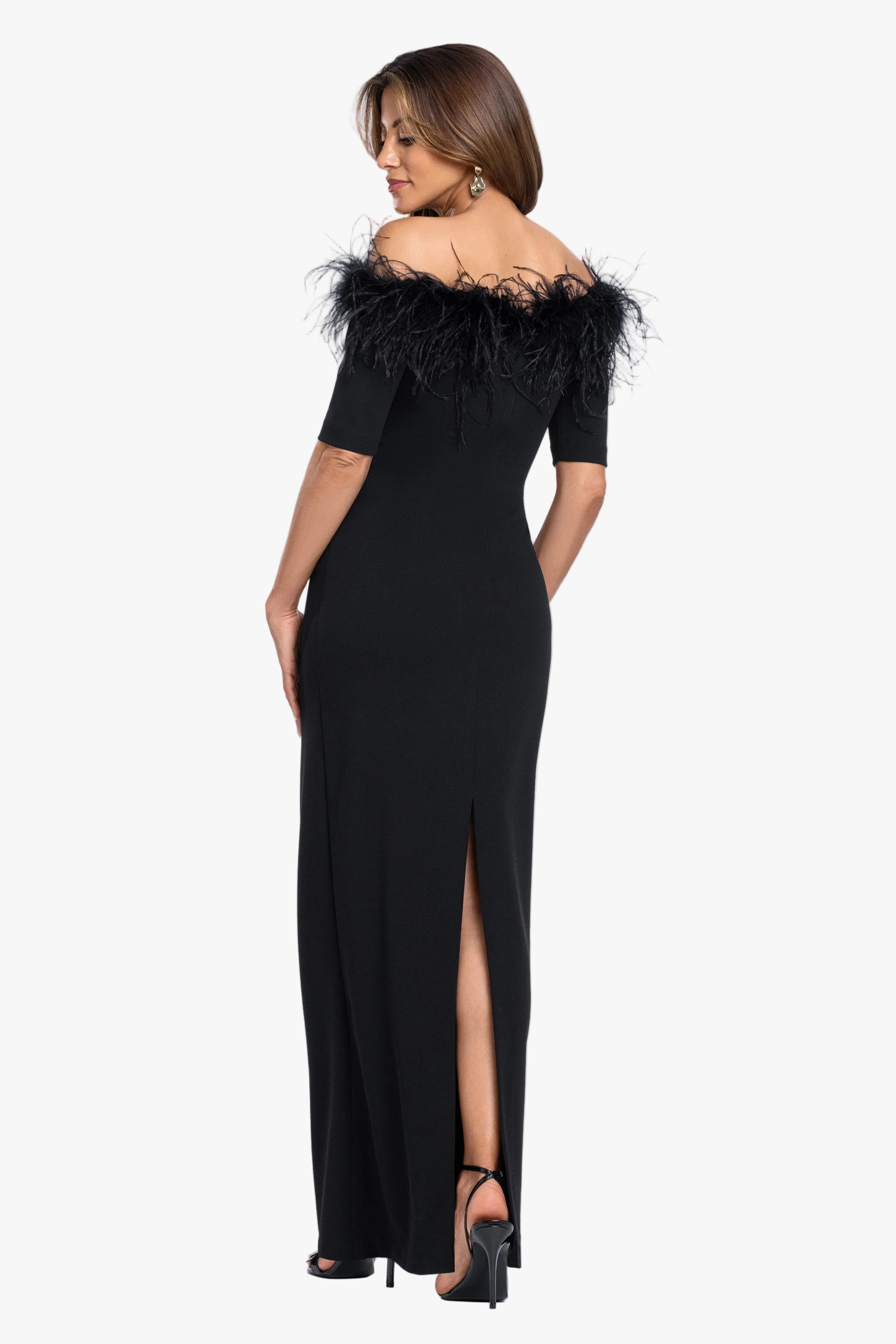 "Fawn" Scuba Crepe Off Shoulder Feather Dress