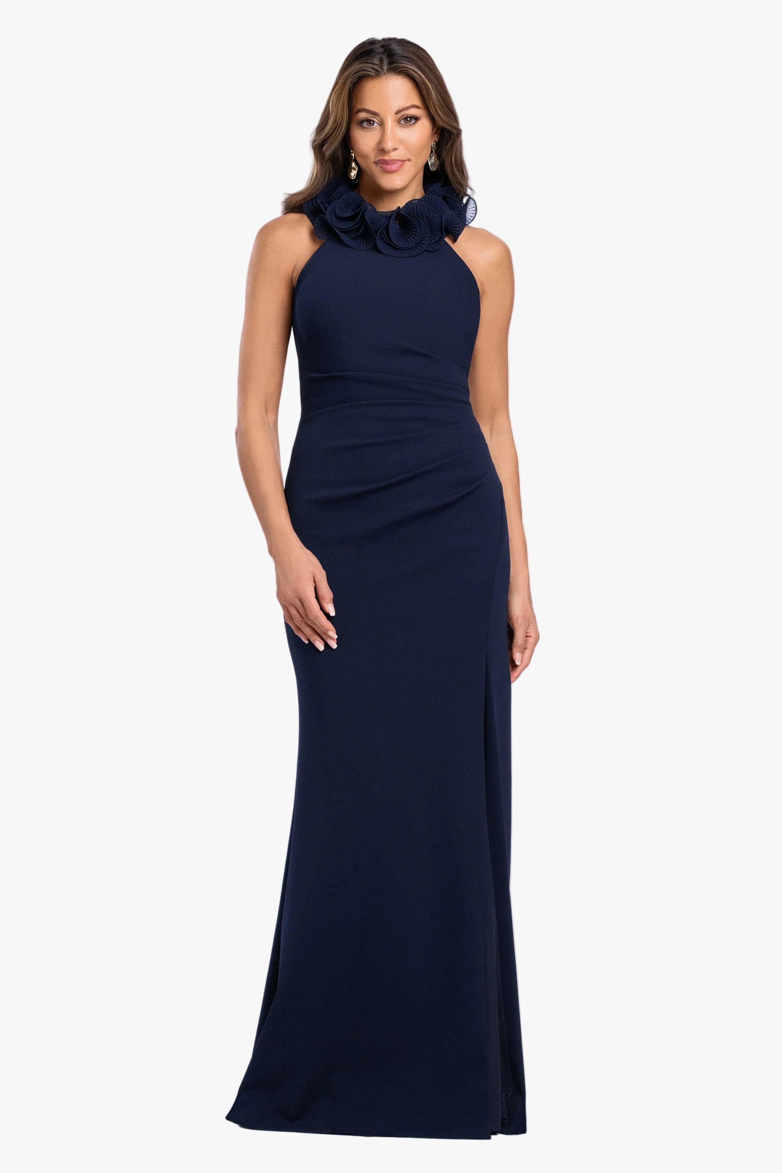 "Billie" Scuba Crepe Chiffon Ruffle Neck Dress