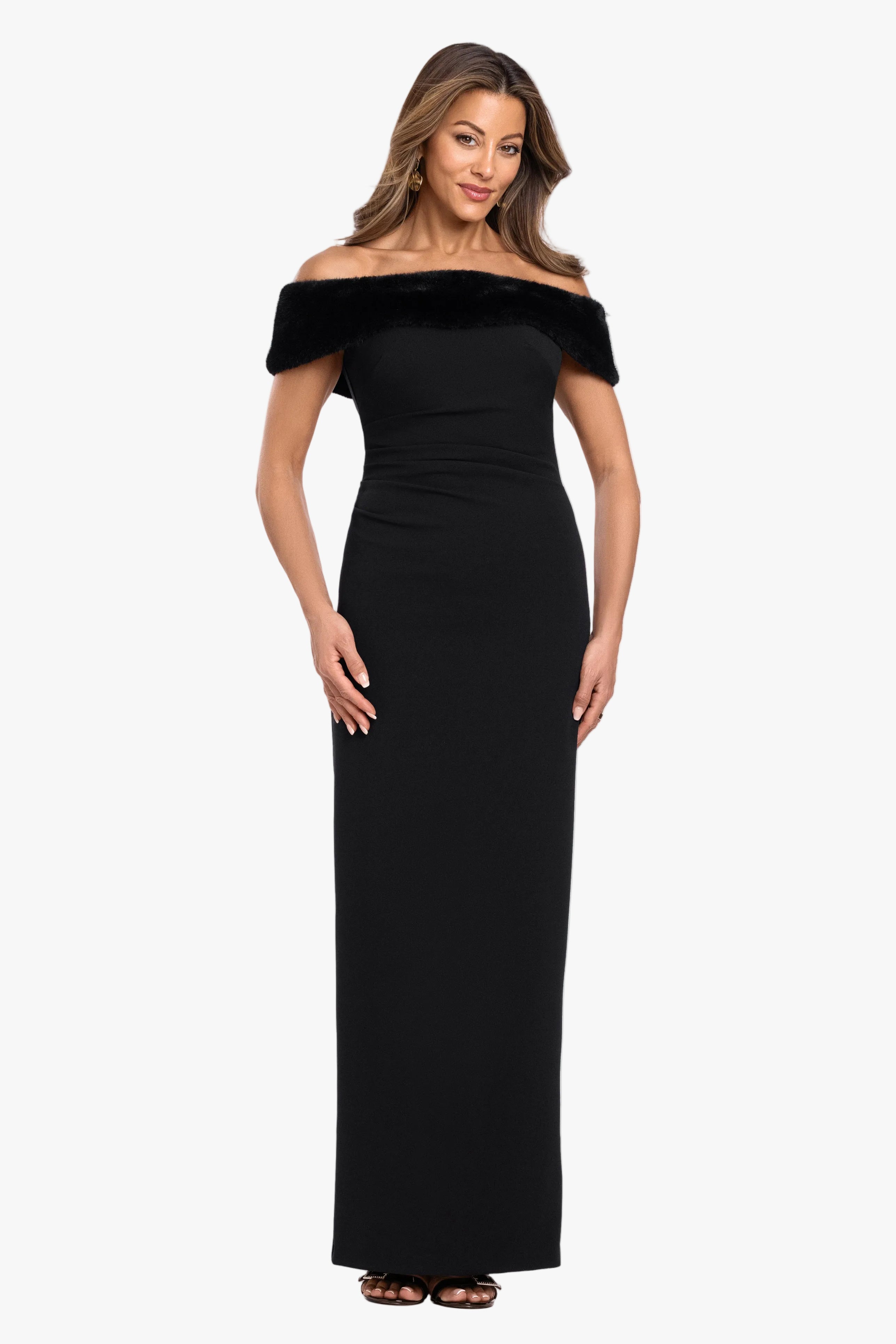 "Madeline" Scuba Crepe Off Shoulder & Faux Fur Neckline Dress