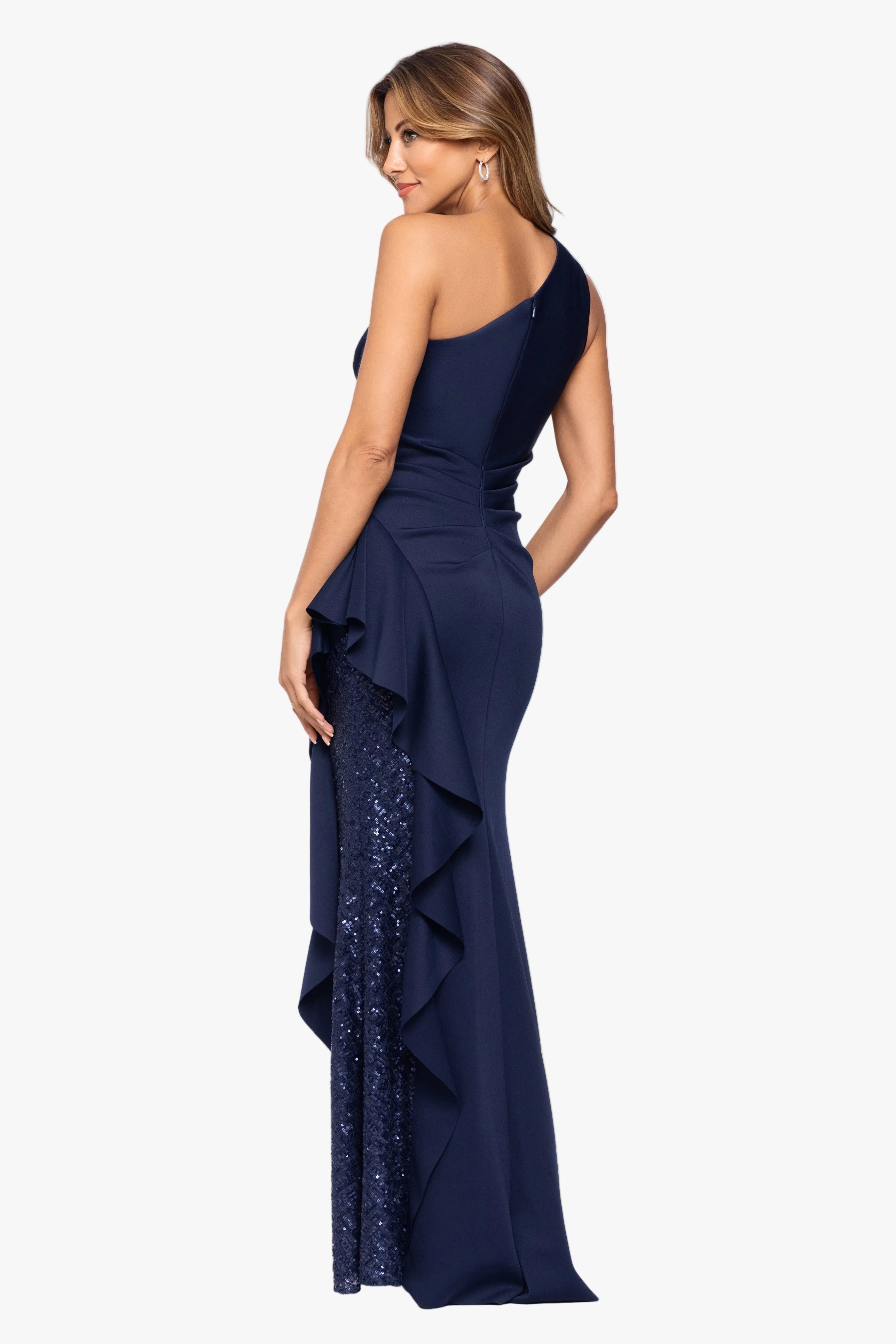 "Harley" Techno Scuba One Shoulder Ruffle Dress