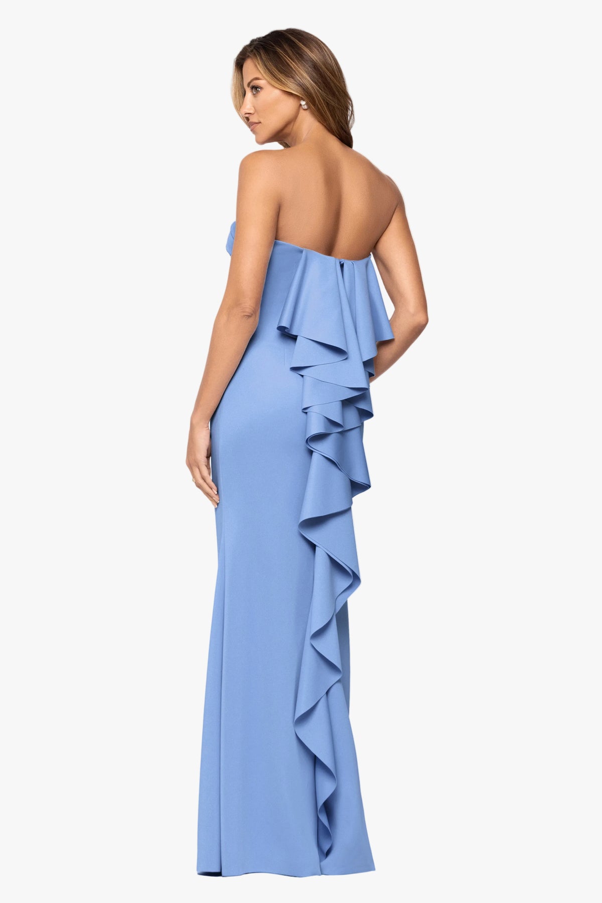 "Josephine" Techno Scuba Strapless Back Ruffle Dress