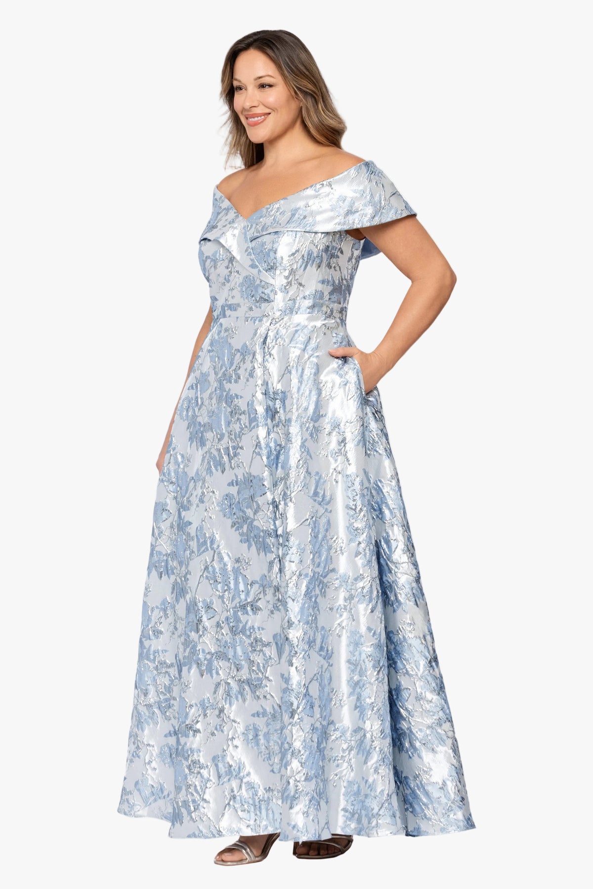 Plus "Joanne" Brocade Off Shoulder Gown