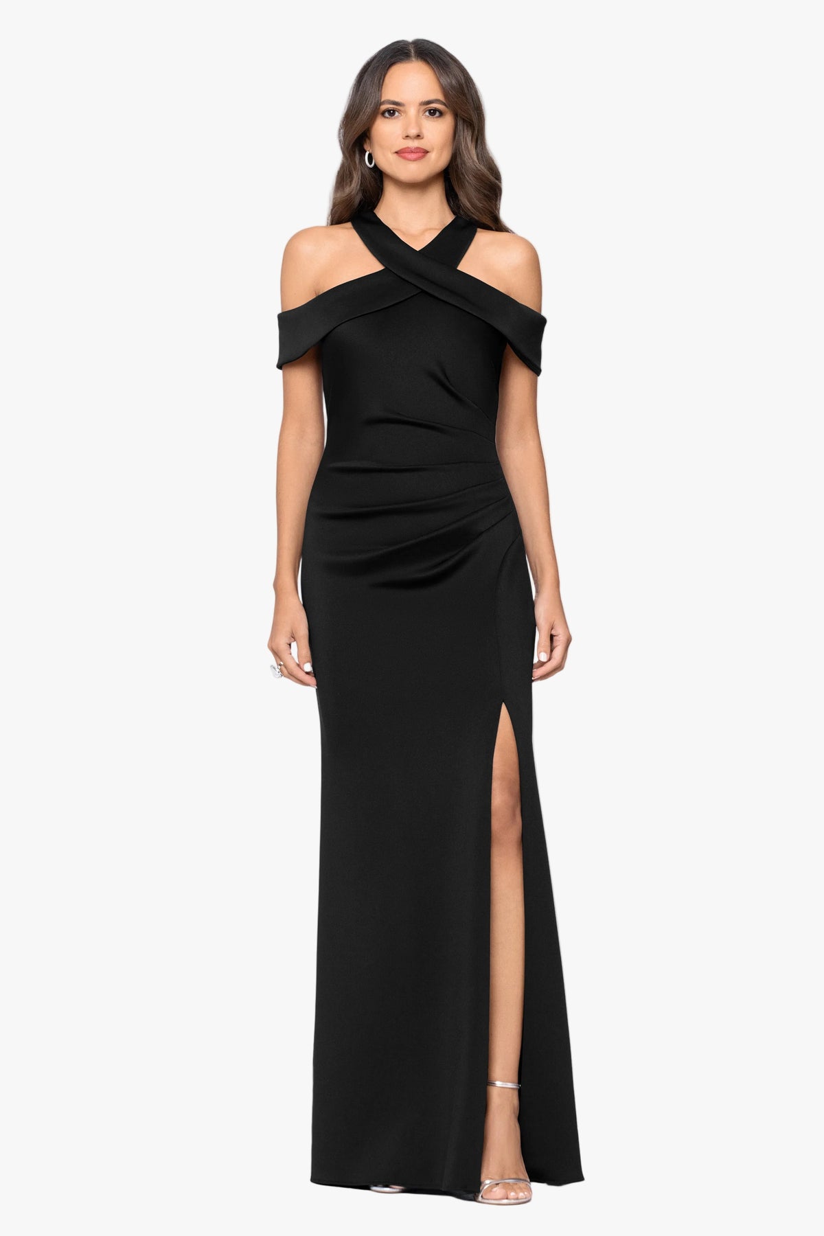 "Charley" Techno Scuba Cross Neck Slit Dress