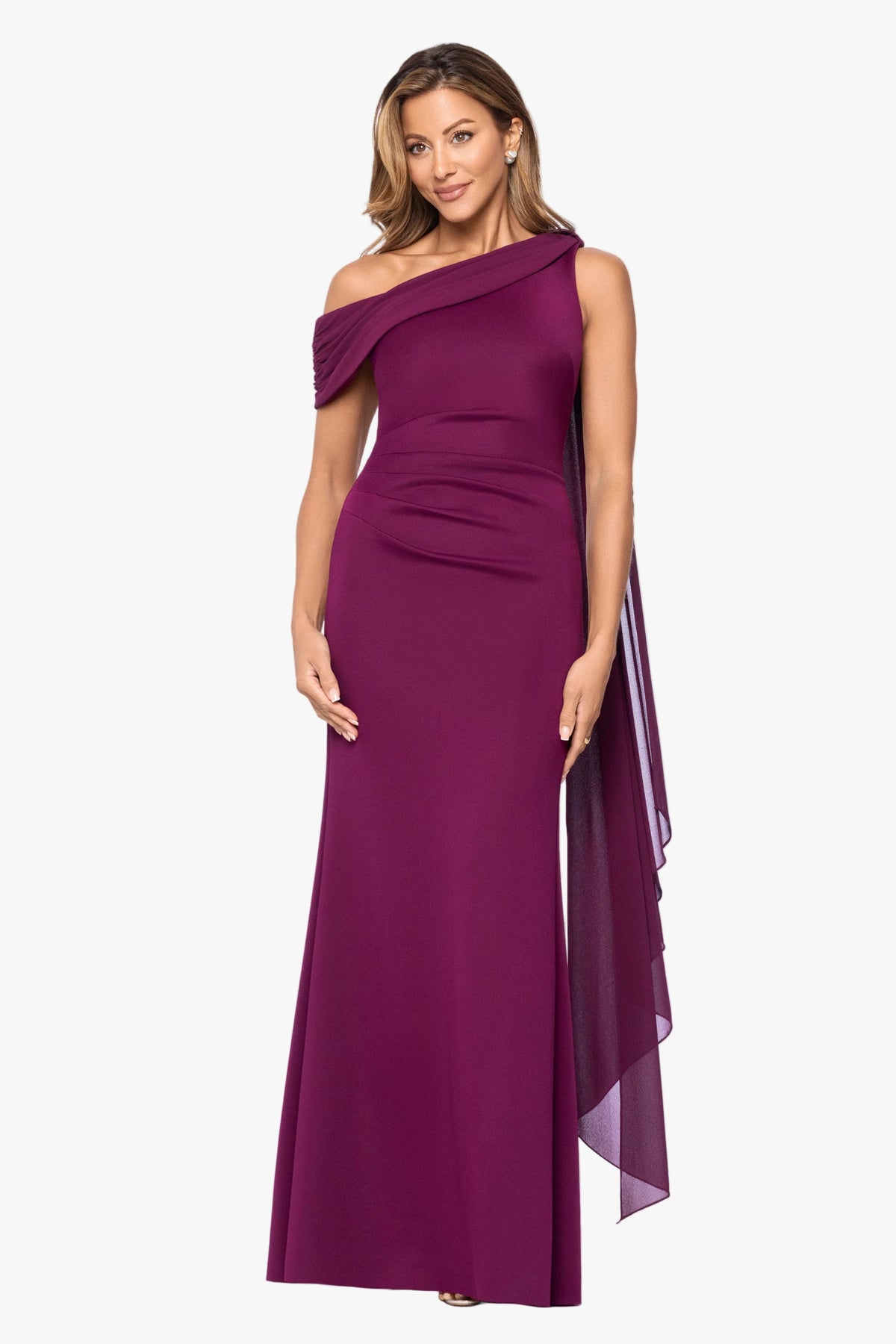 "Whitney" Techno Scuba & Chiffon Off Shoulder Sash Dress