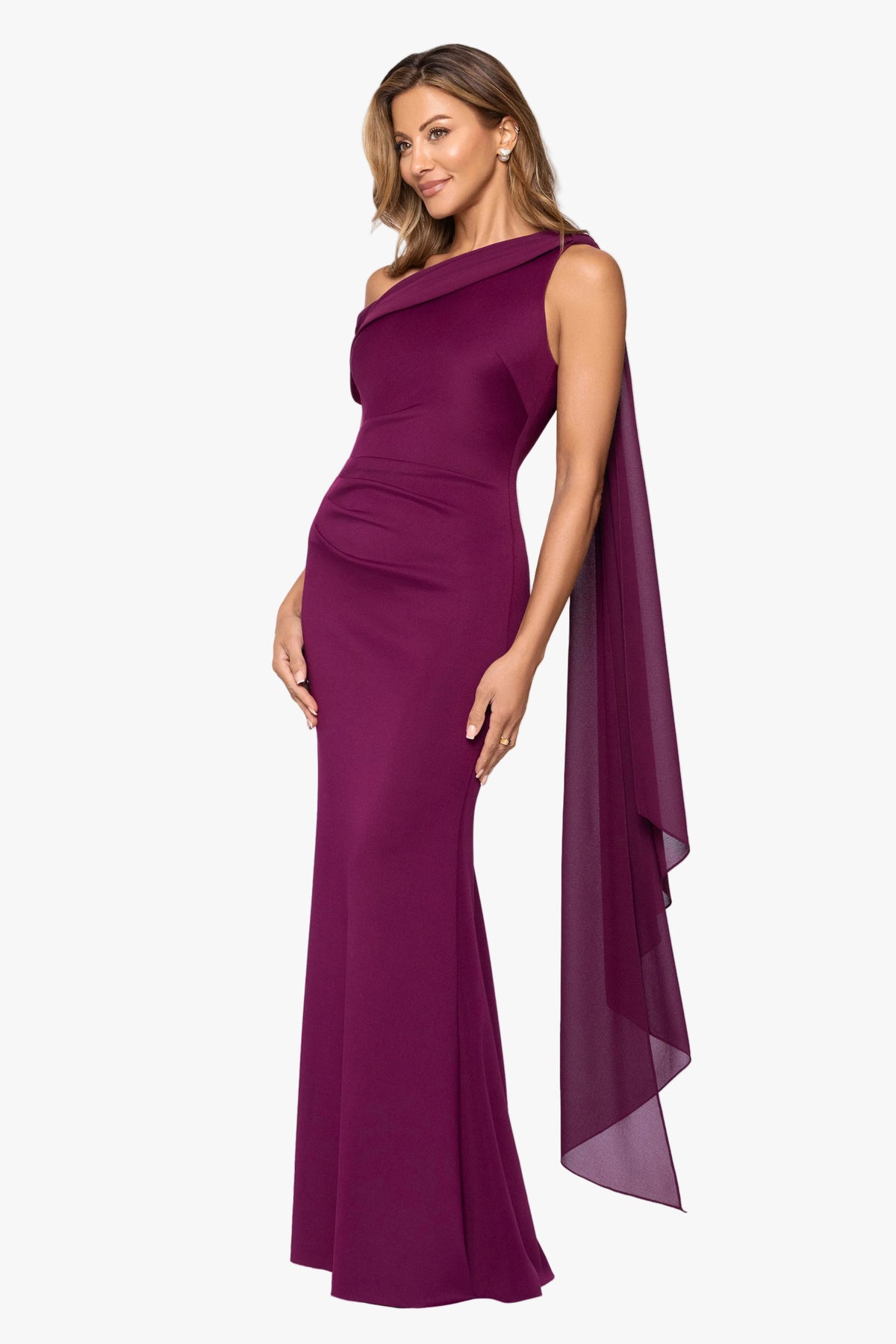 "Whitney" Techno Scuba & Chiffon Off Shoulder Sash Dress