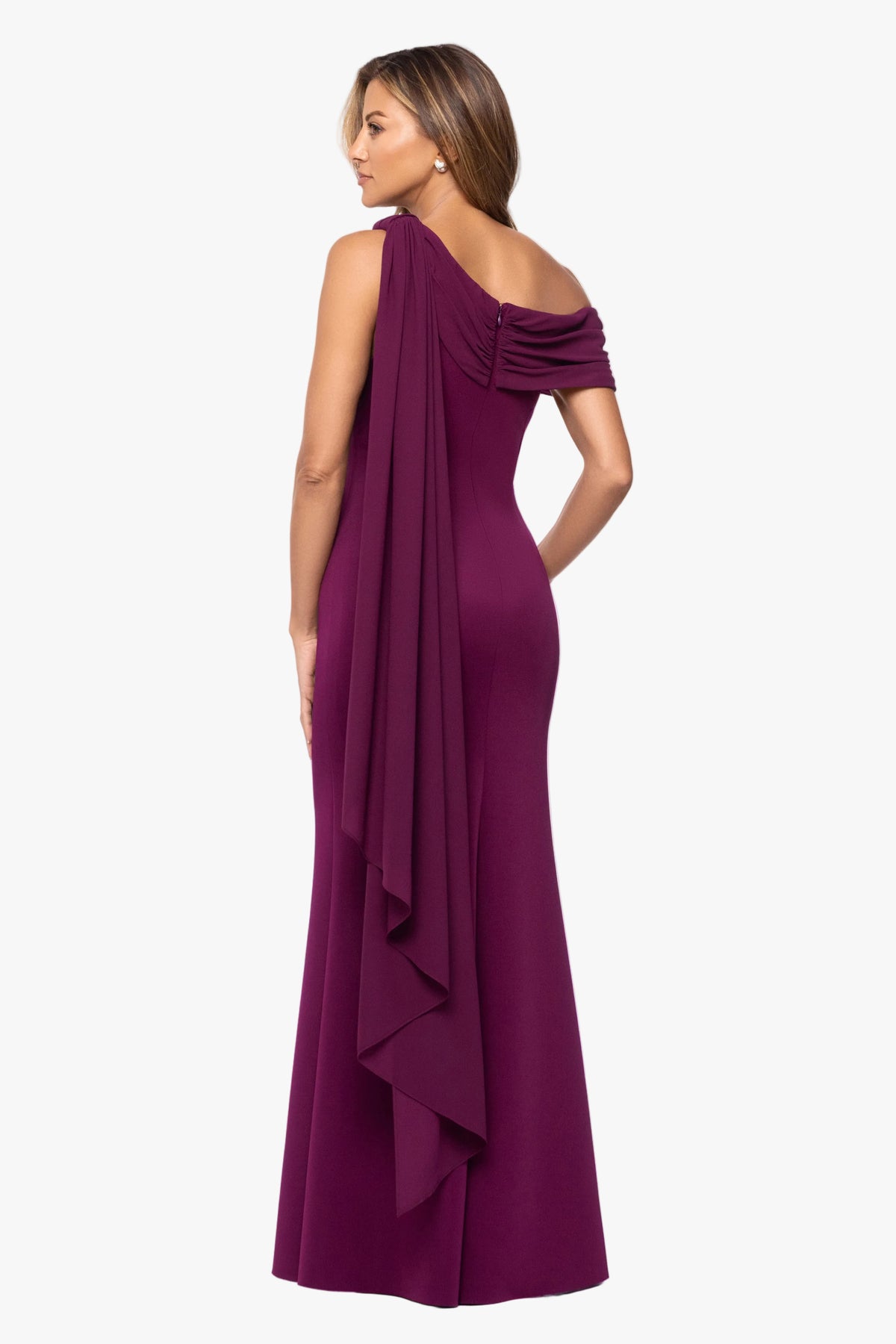 "Whitney" Techno Scuba & Chiffon Off Shoulder Sash Dress