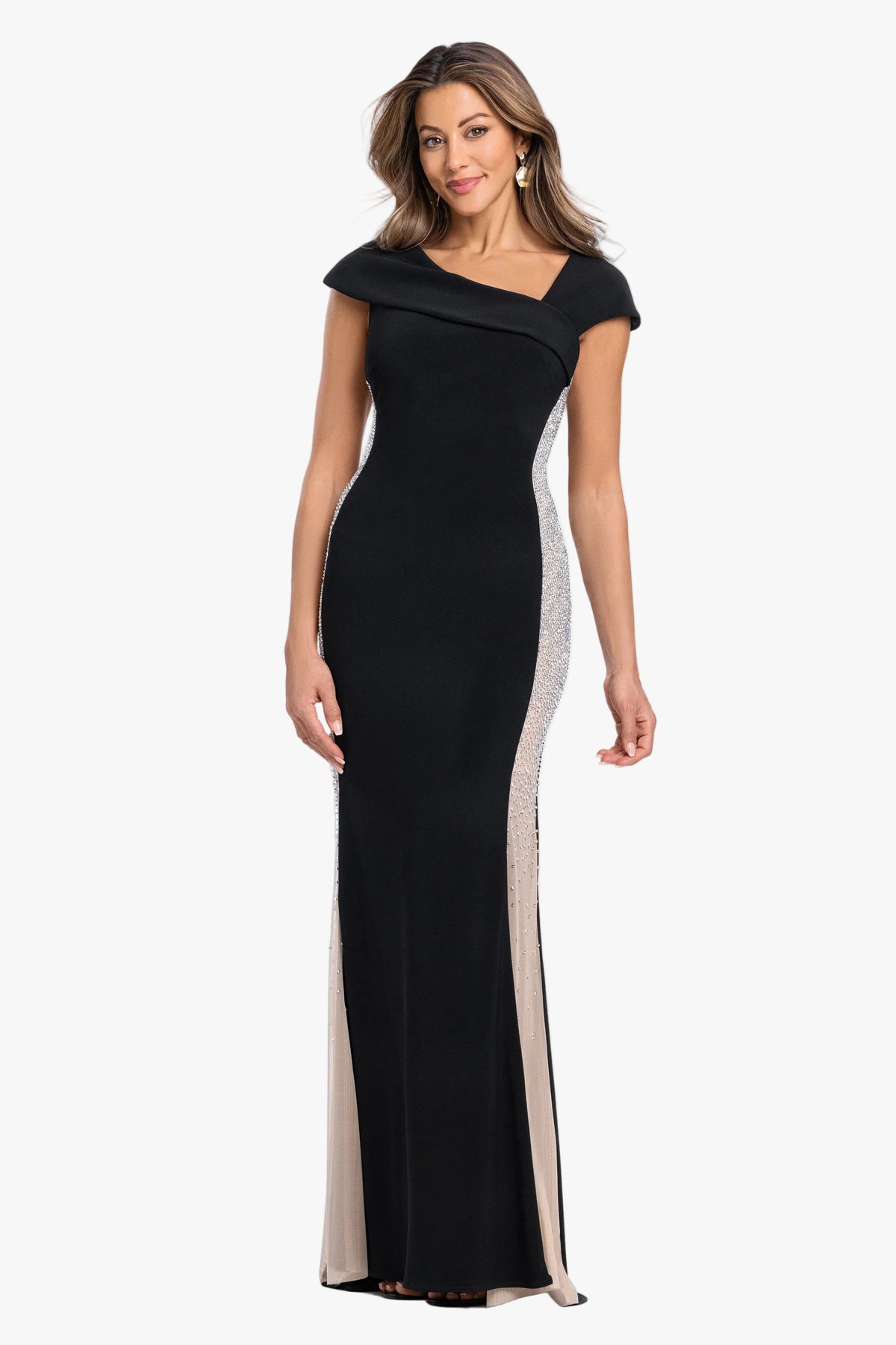 "Nellie" Jersey Knit Beaded Mesh Side Dress