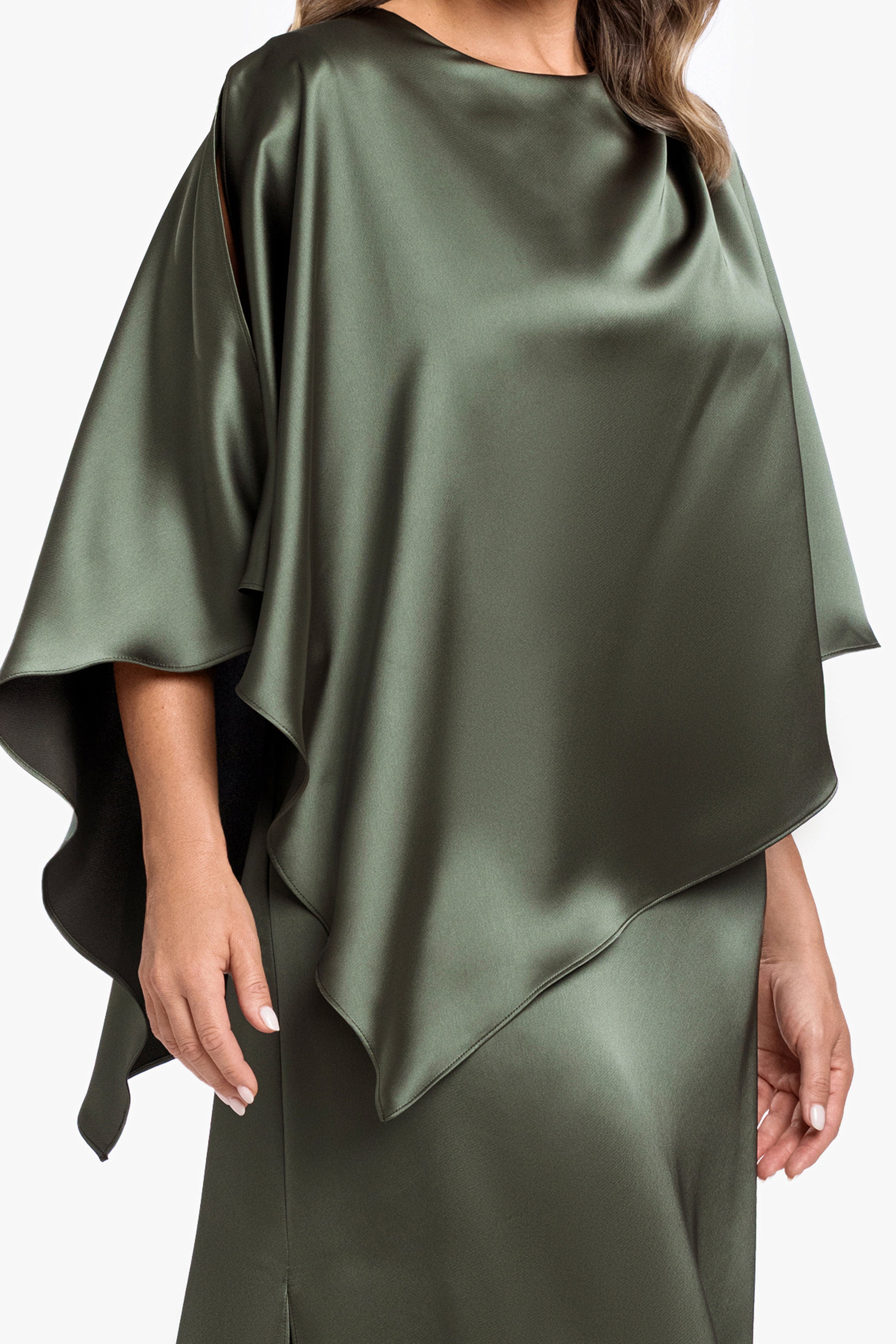 Plus "Ellen" Satin Overlay Cape Dress