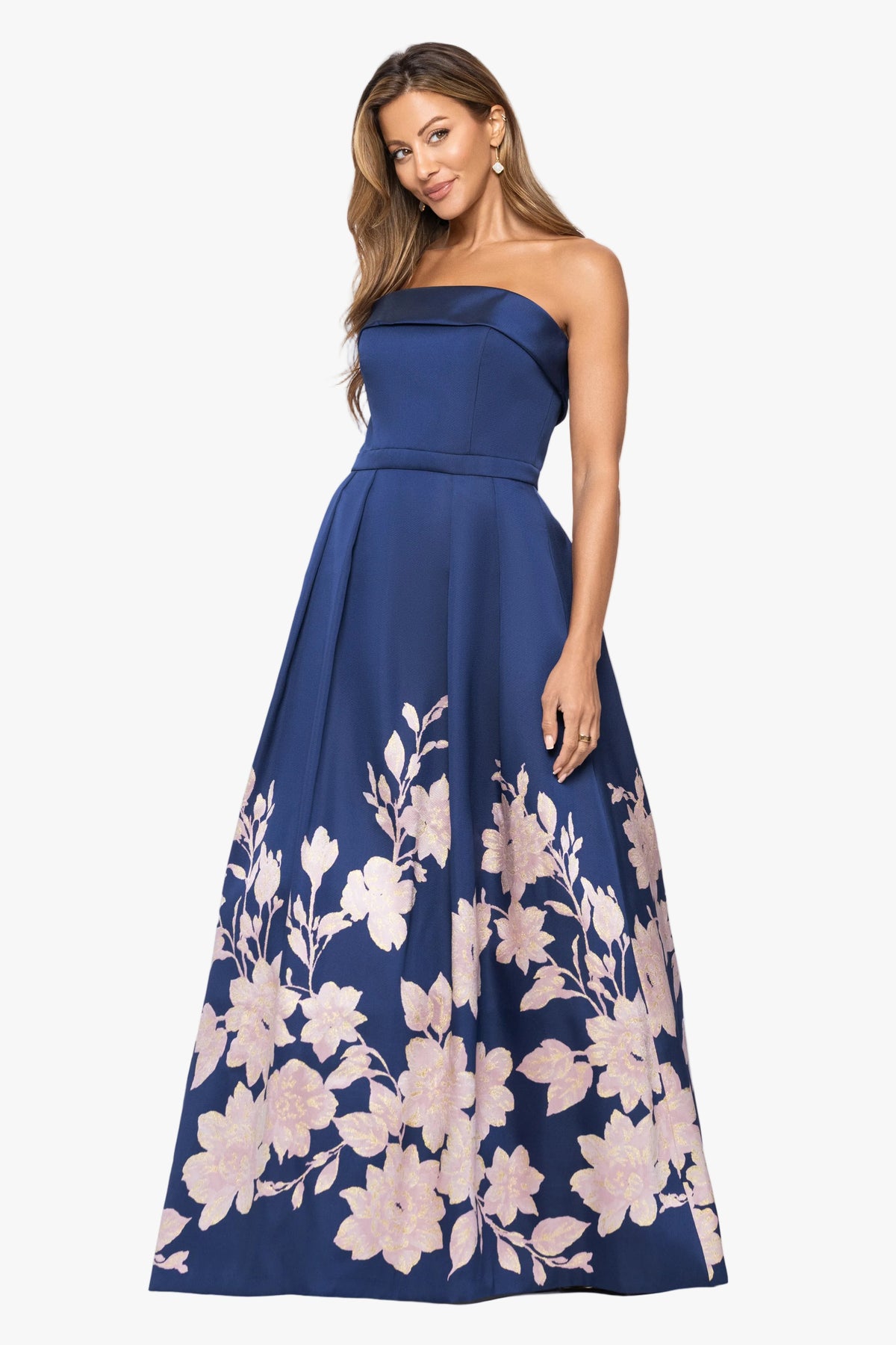 "Elodie" Jacquard Flower Placement Strapless Gown
