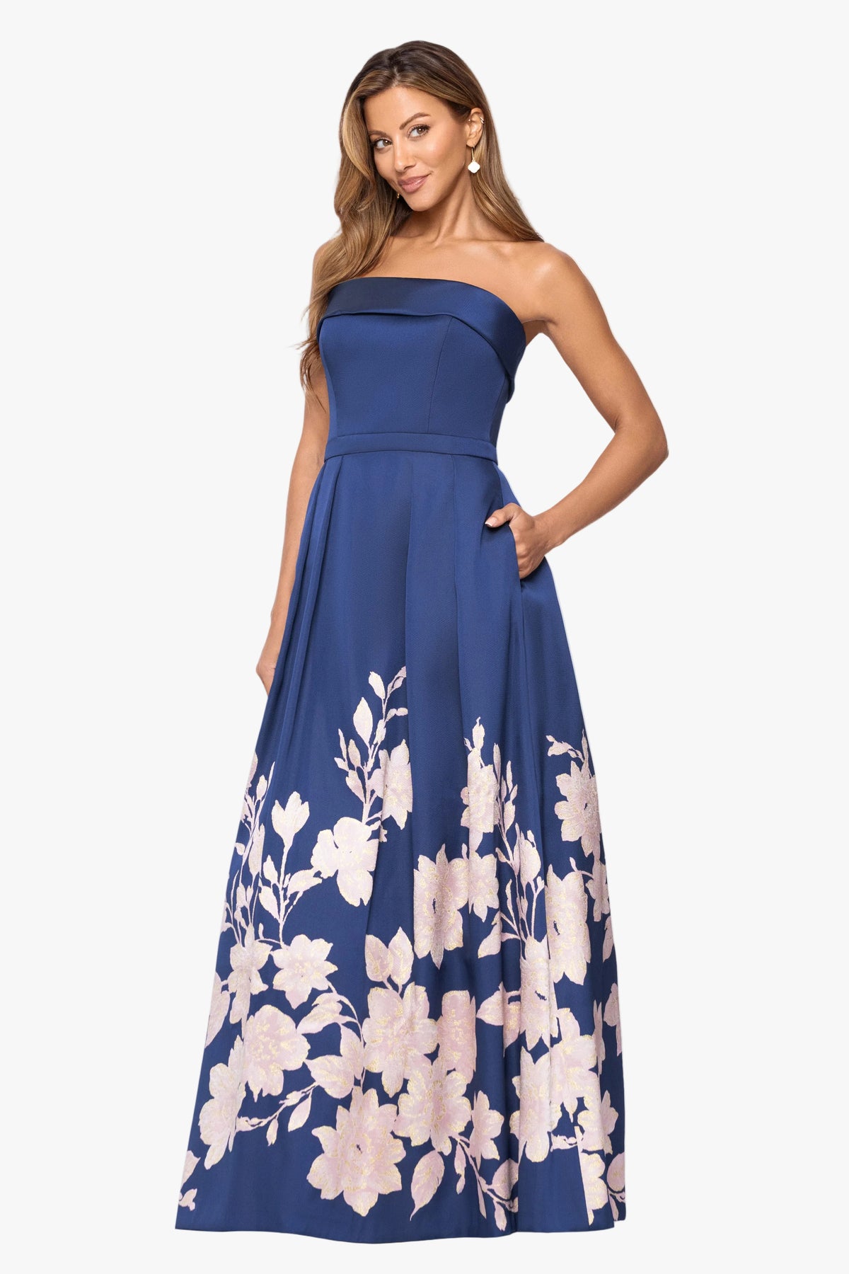 "Elodie" Jacquard Flower Placement Strapless Gown