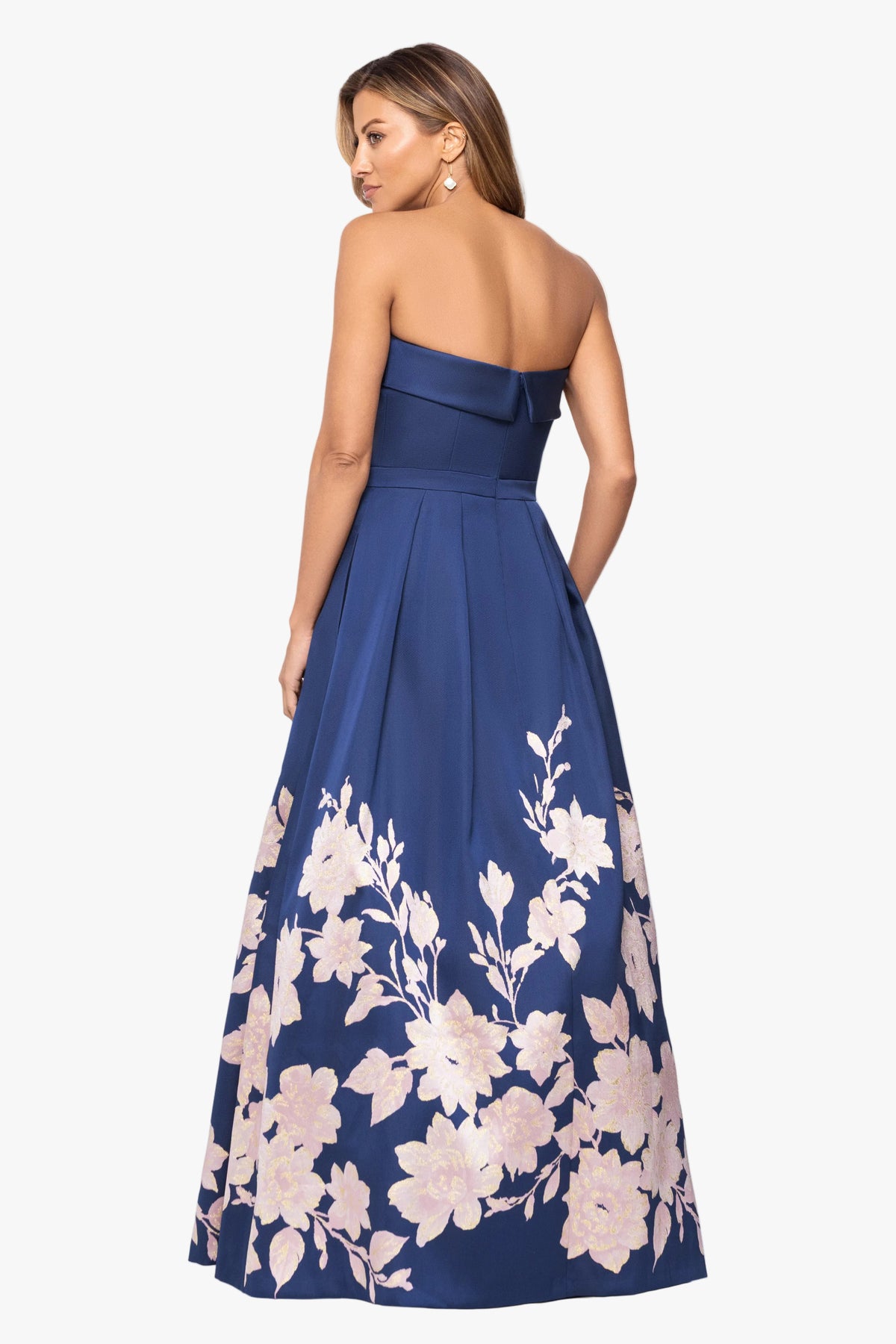 "Elodie" Jacquard Flower Placement Strapless Gown