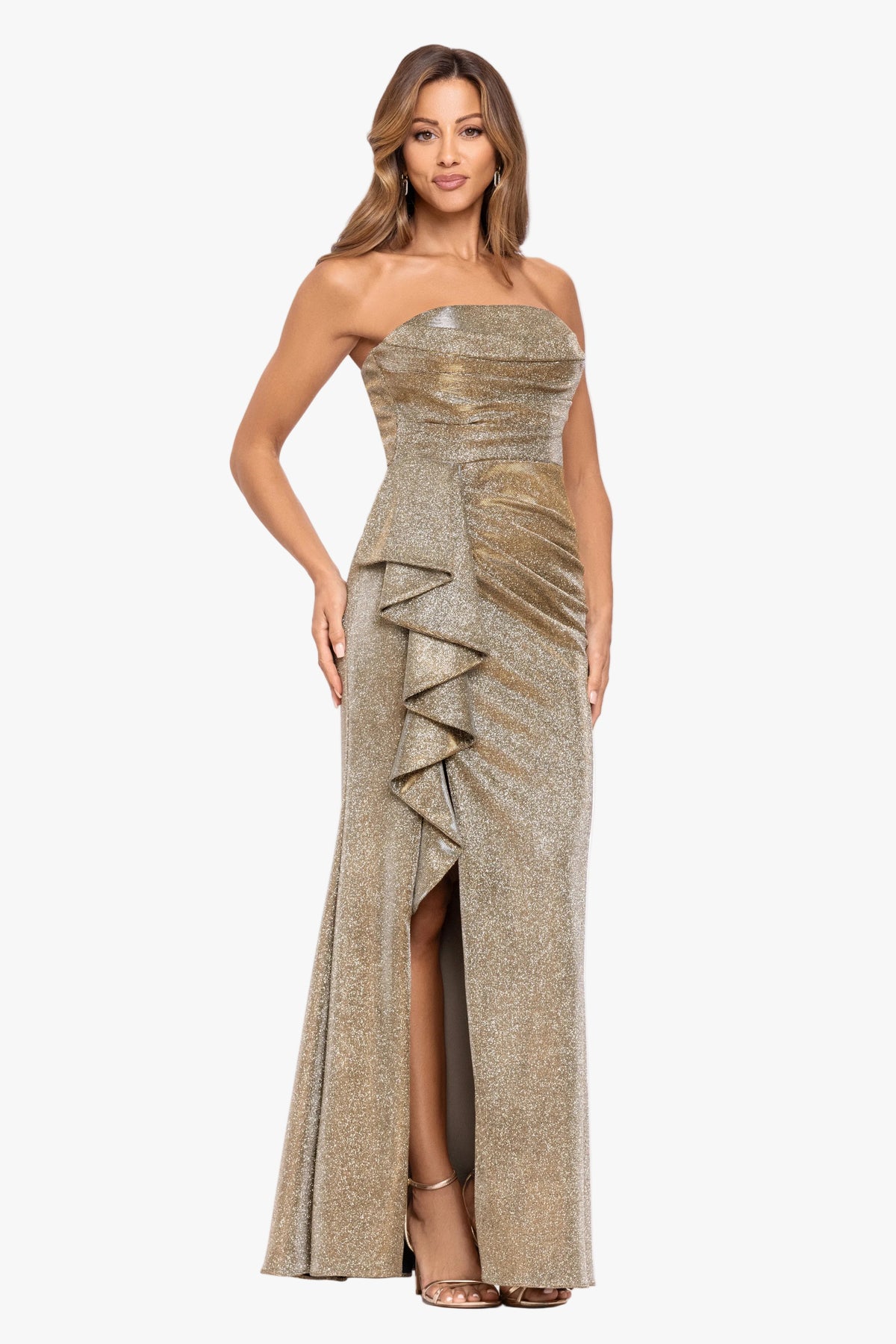 "Karma" Galaxy Glitter Knit Strapless Side Ruffle Dress