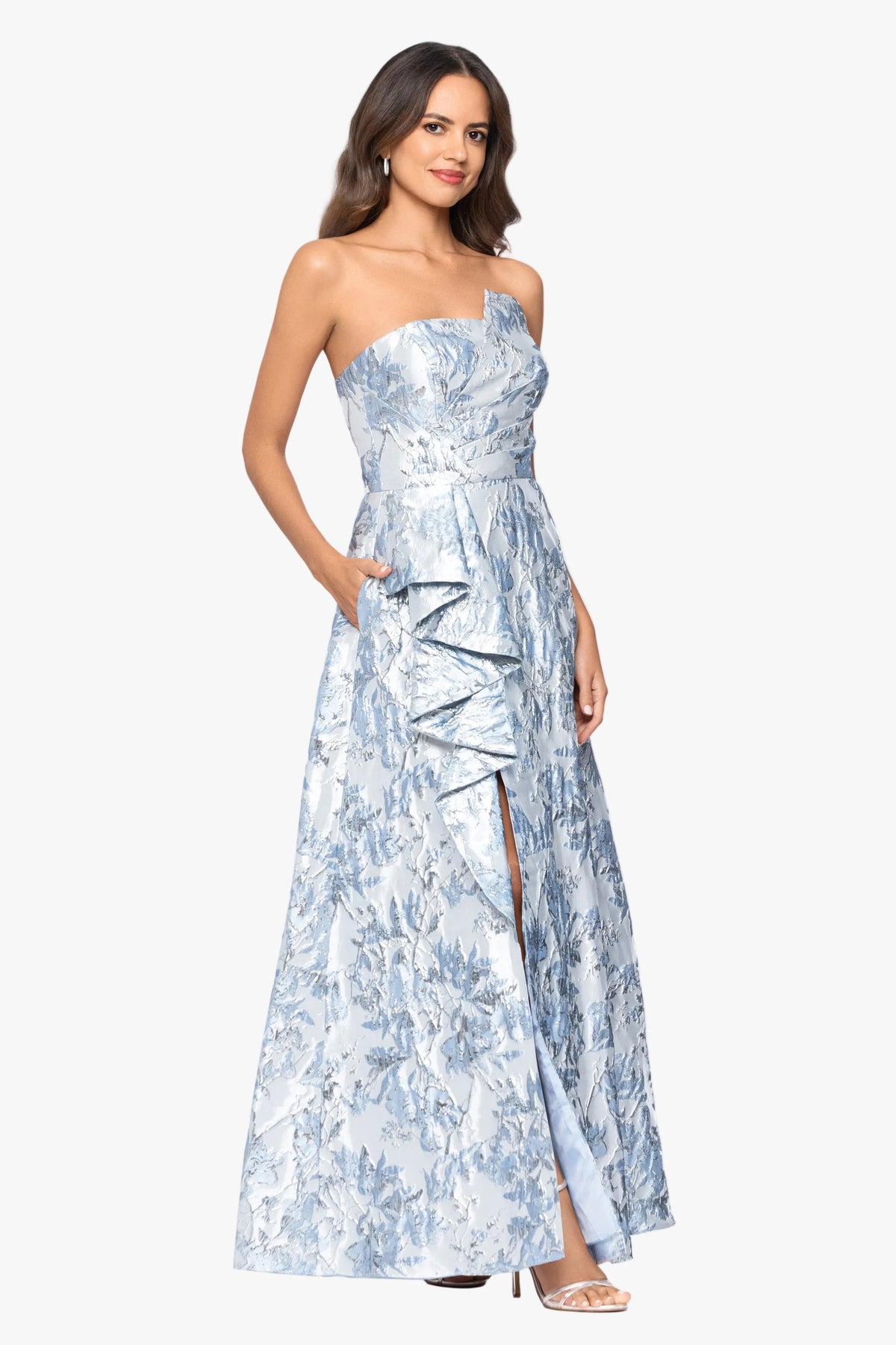 "Cheryl" Brocade Off Shoulder Ruffle Gown