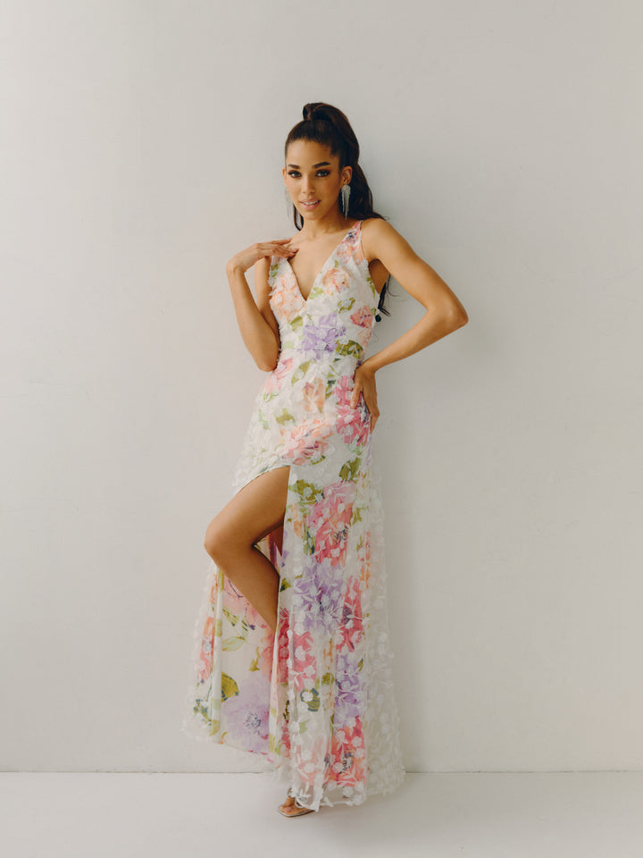 "Jenna" Long 3D Embellished Floral V-Neck Gown