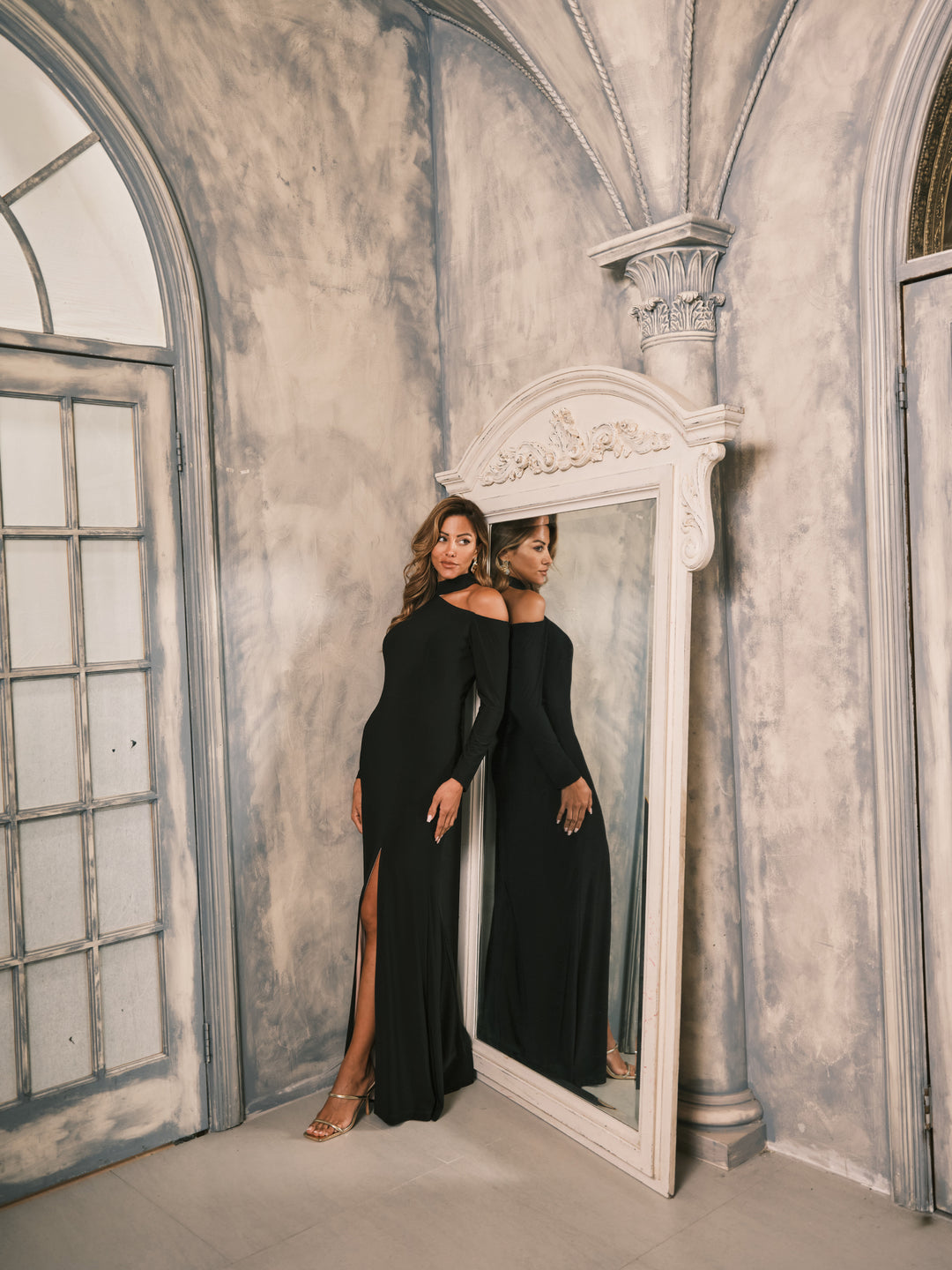 "Aletta" Jersey Knit Long Sleeve One Shoulder Cut Out Long Dress