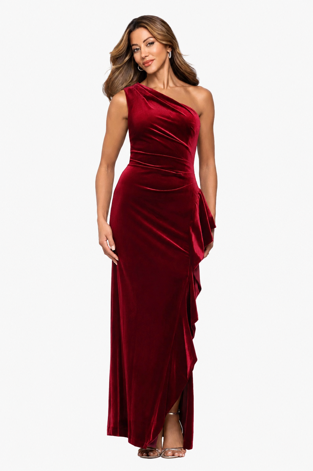 "Gemma" Stretch Velvet One Shoulder Ruffle Dress
