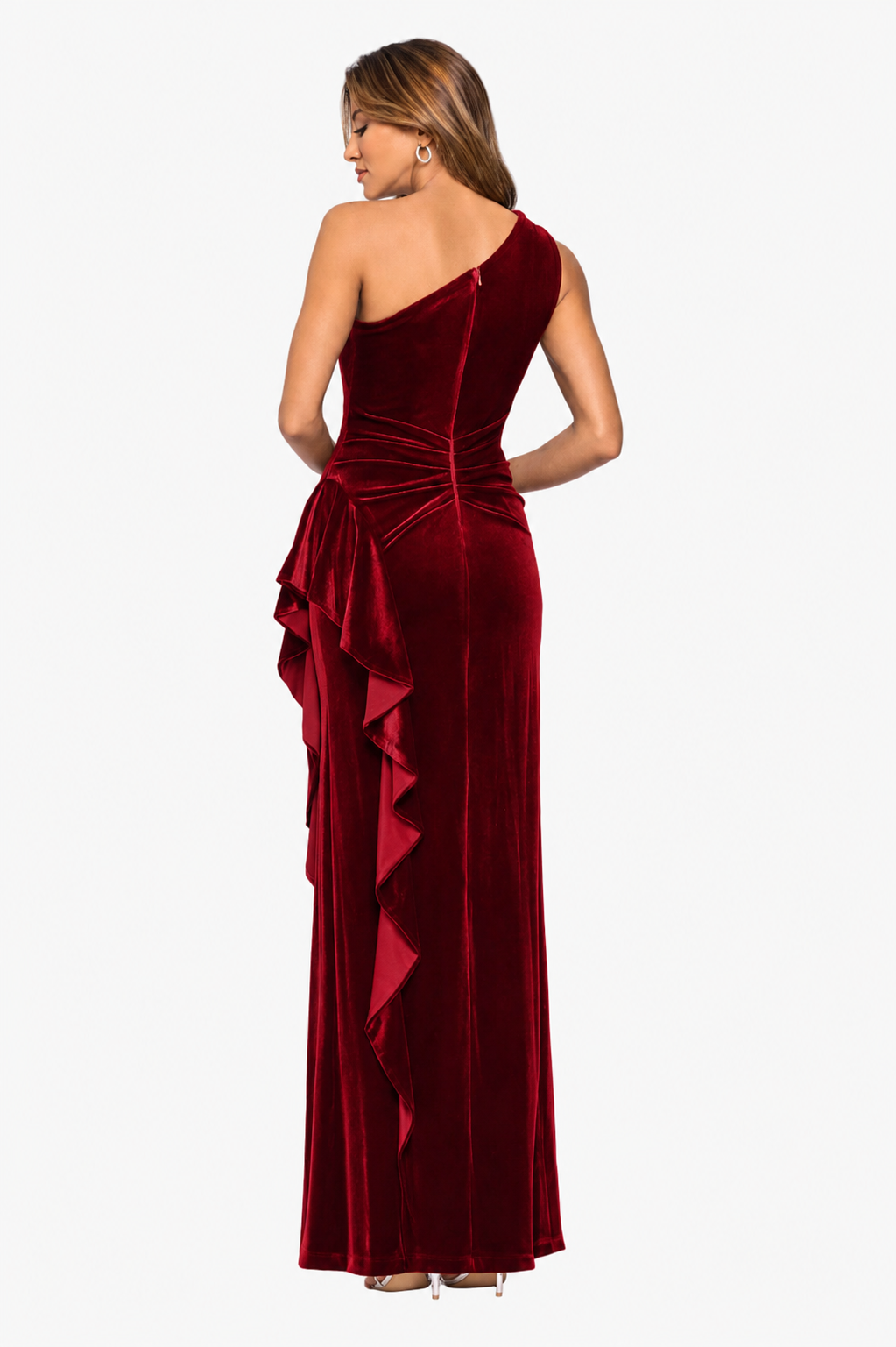 "Gemma" Stretch Velvet One Shoulder Ruffle Dress