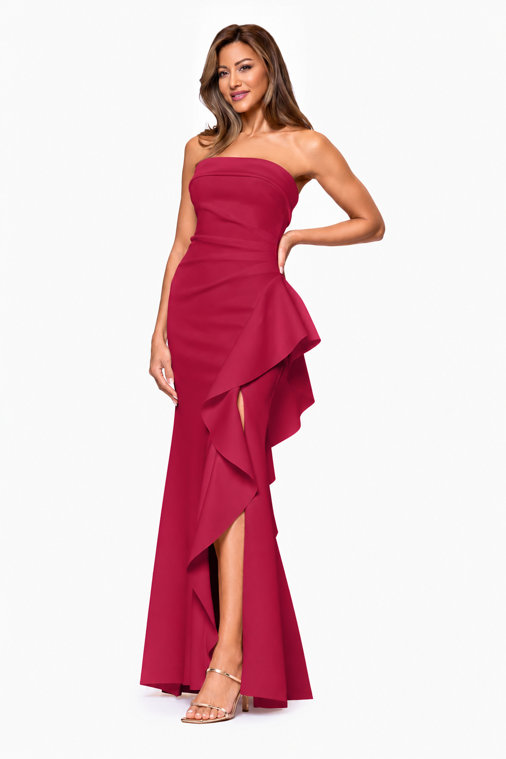 "Jacqueline" Techno Scuba Strapless Ruffle Dress