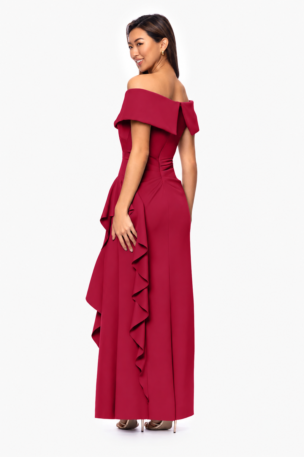 Petite "Pearl" Techno Scuba Off the Shoulder Ruffle Dress