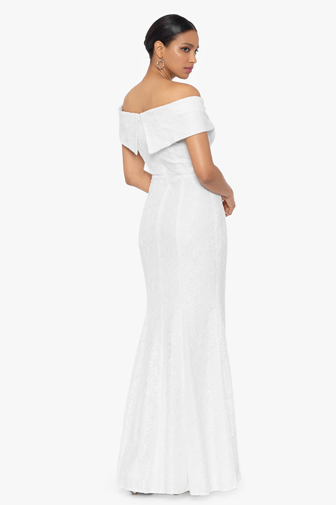 "Mallory" Long Ivory Lace Off the Shoulder Dress