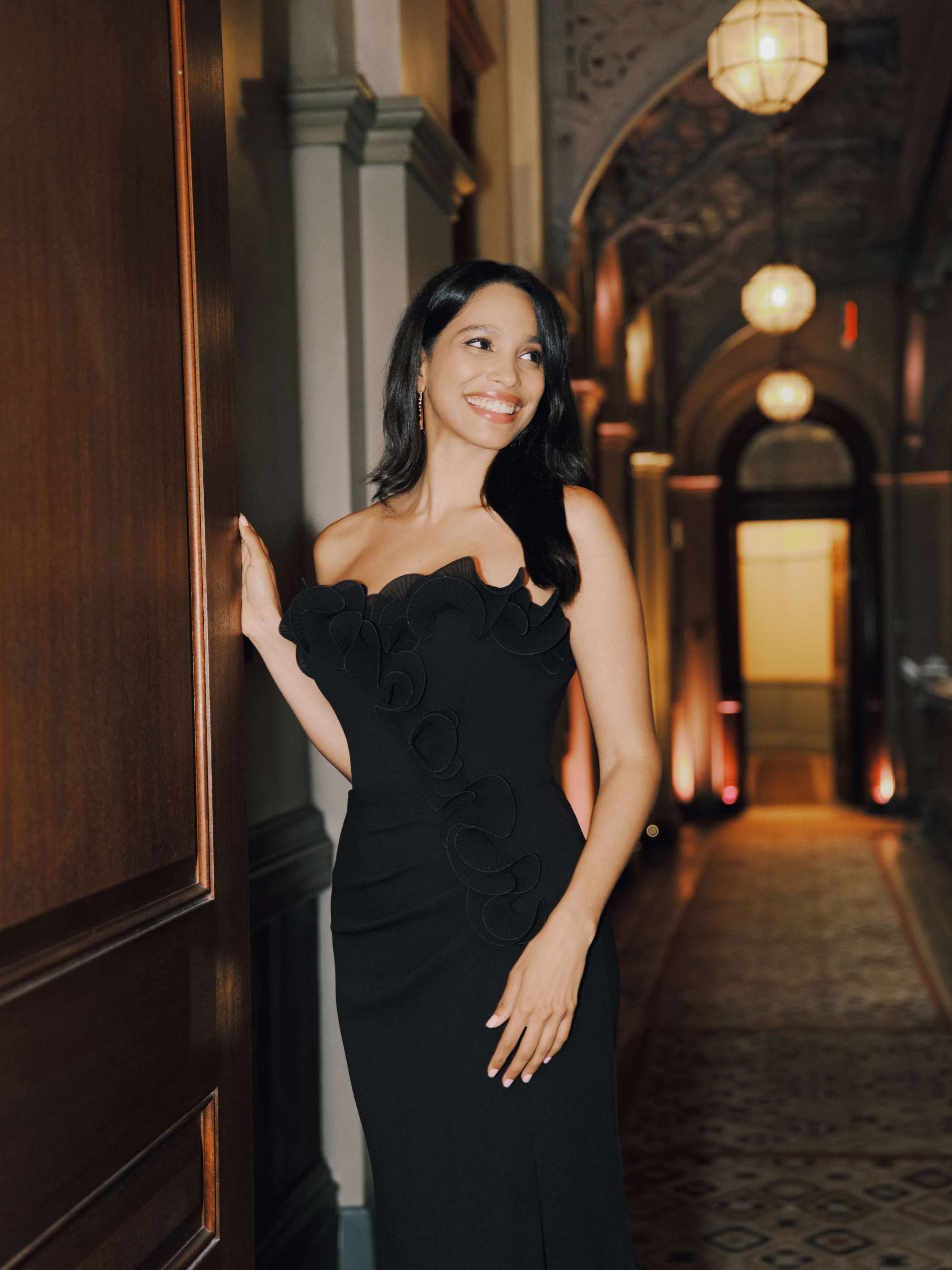 Petite "Kimberly" Scuba Crepe Chiffon Ruffle Strapless Floor Length Dress