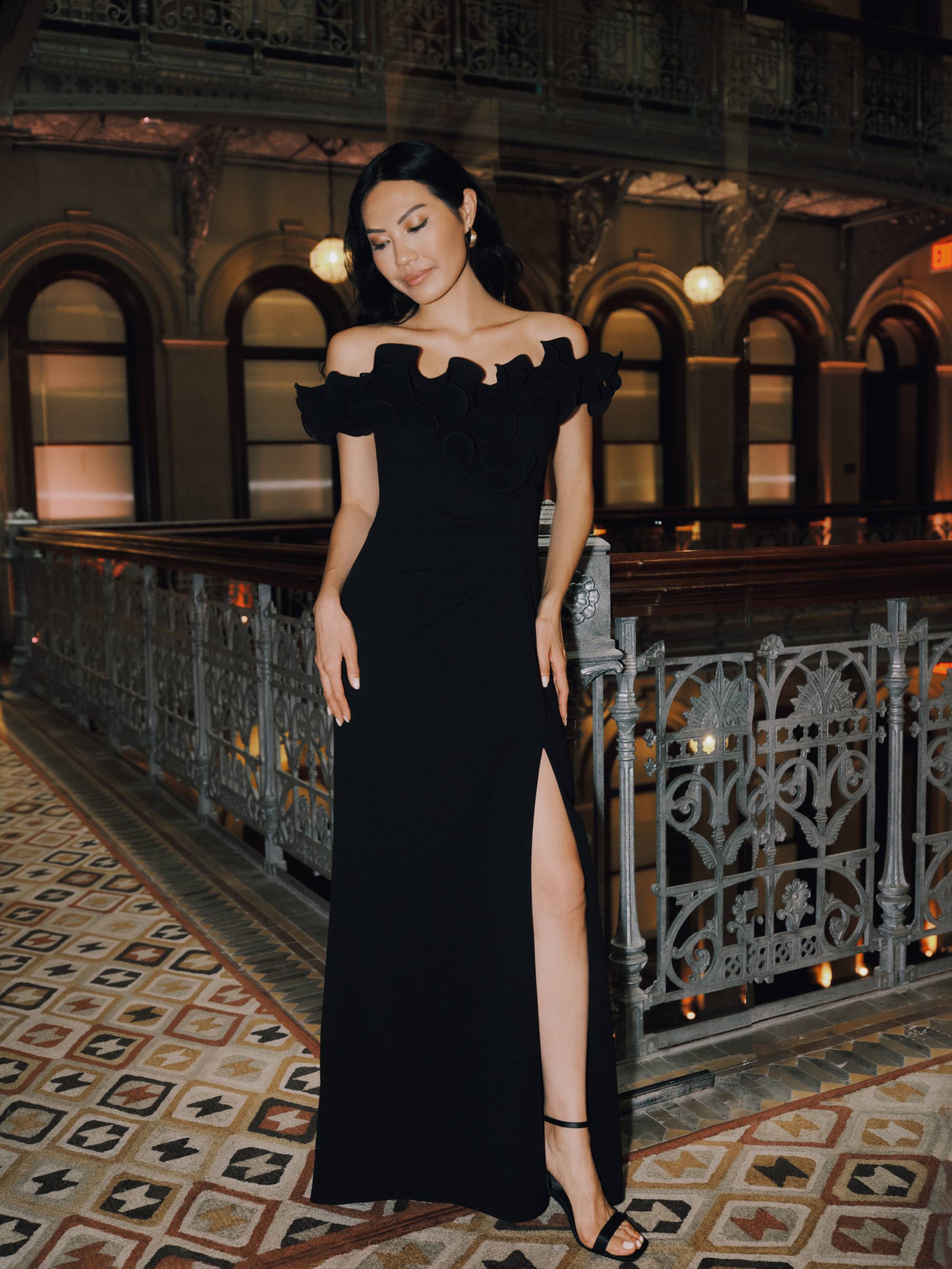 Petite "Anya" Scuba Crepe Off the Shoulder Chiffon Ruffle Neckline Floor Length Dress