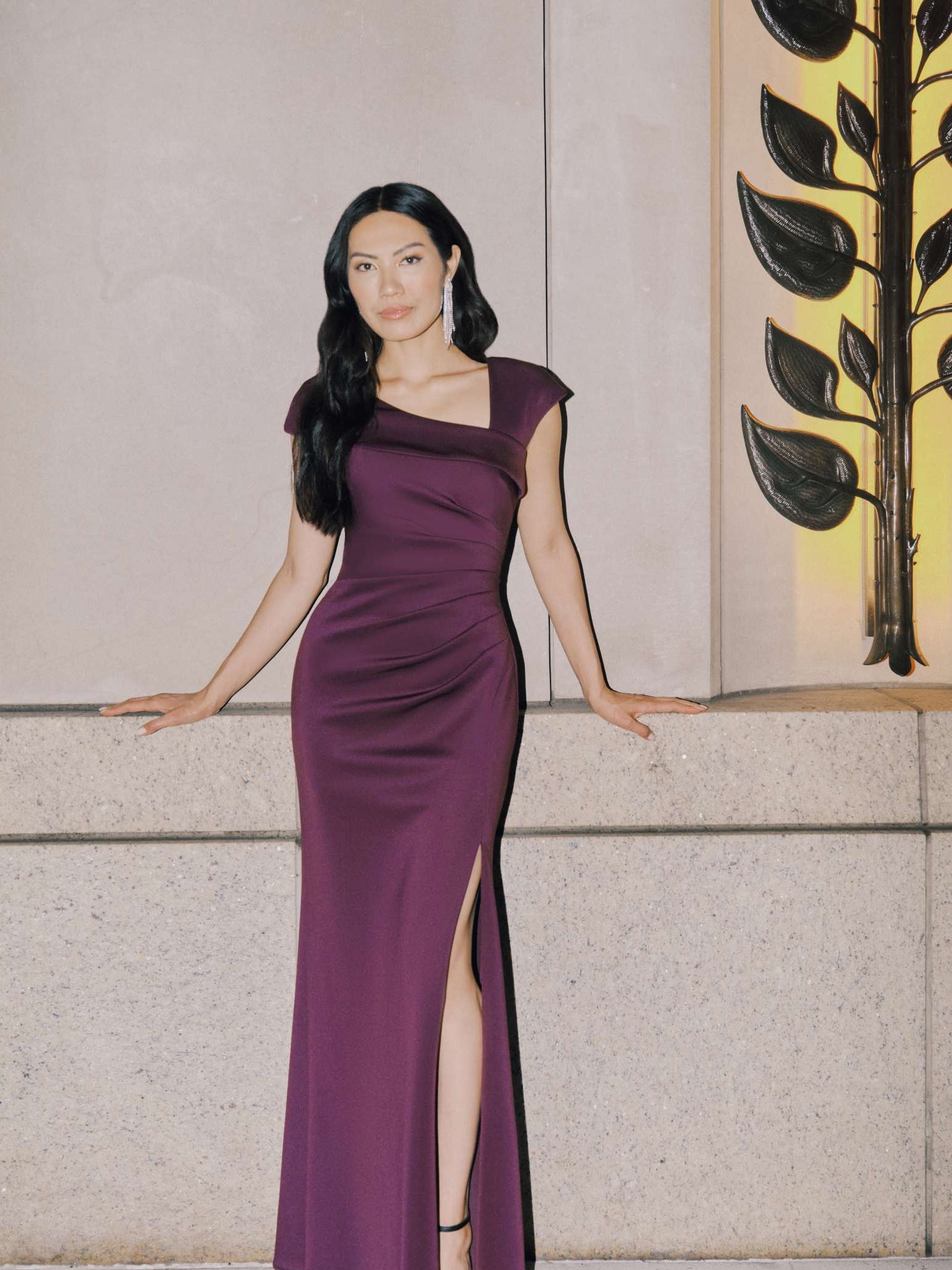 "Lenore " Long Asymmetrical Neckline Techno Scuba Dress