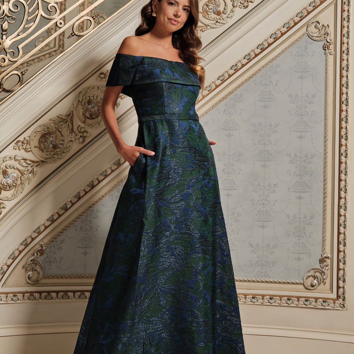 Xscape Women's Jacquard Off-The-Shoulder Ball Gown - Navy/Green