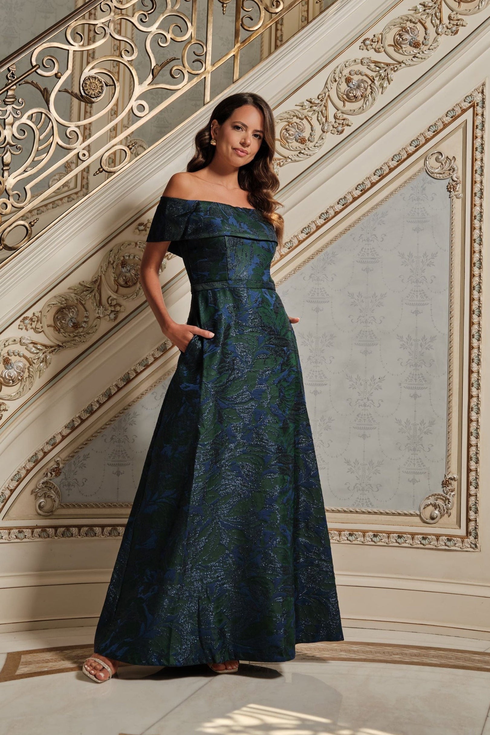 "June" Jacquard Off Shoulder Dress
