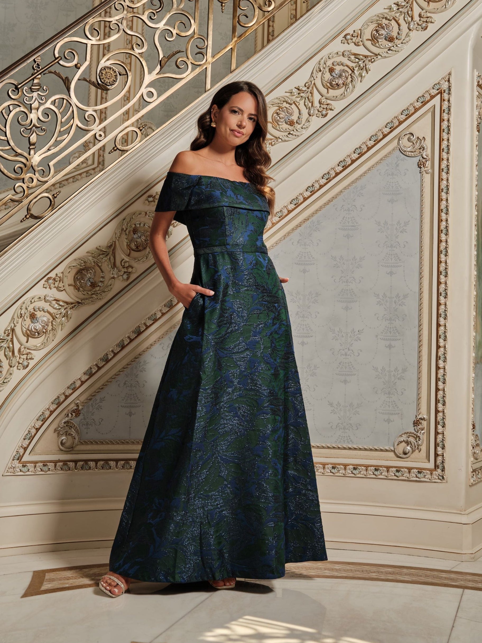 Petite "June" Jacquard Off the Shoulder Floor Length Dress