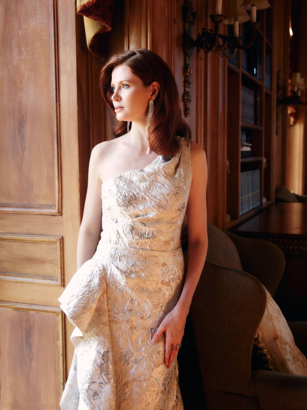 "Pamela" Jacquard One Shoulder Ruffle Floor Length Dress