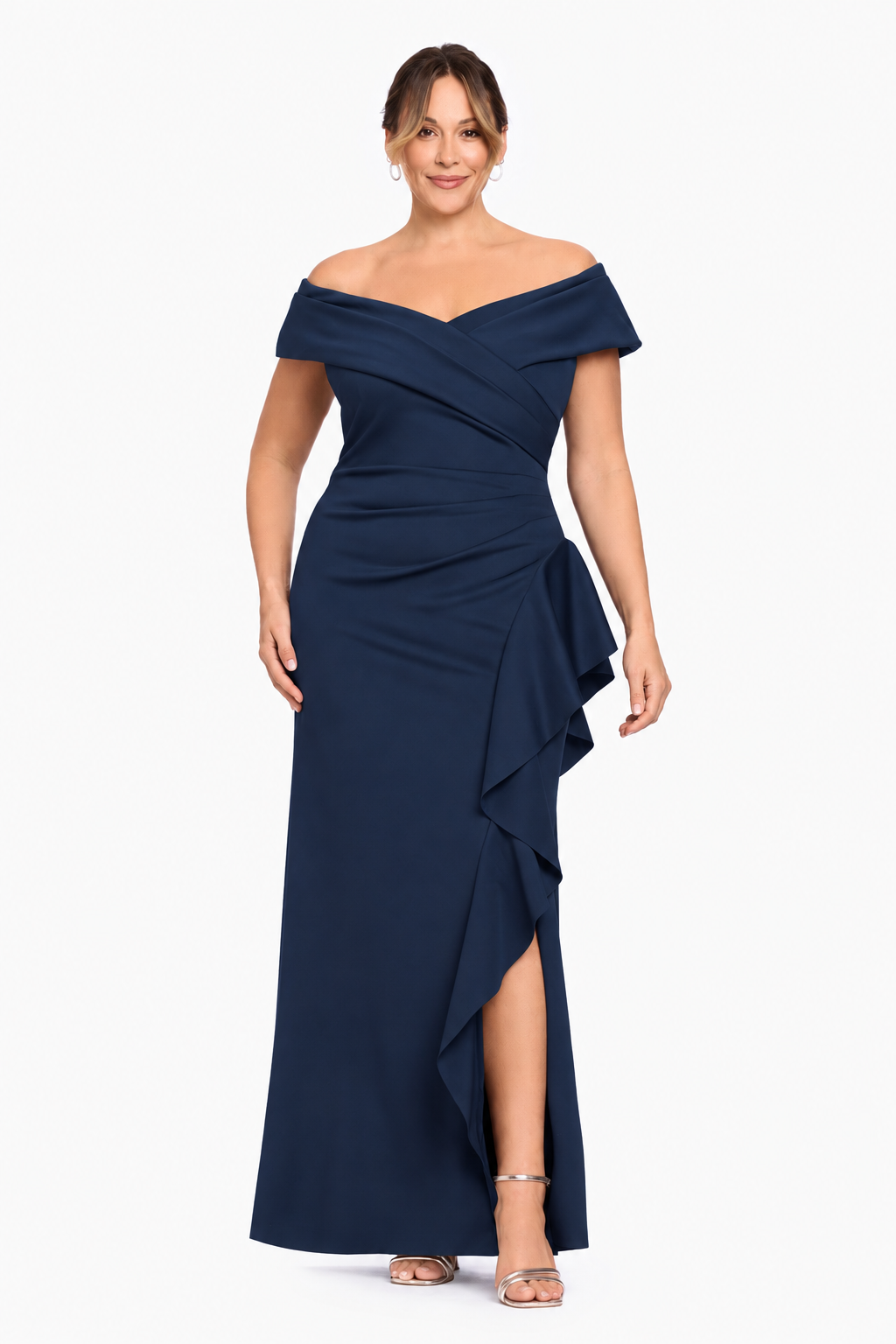 Plus "Pearl" Techno Scuba Off the Shoulder Ruffle Dress