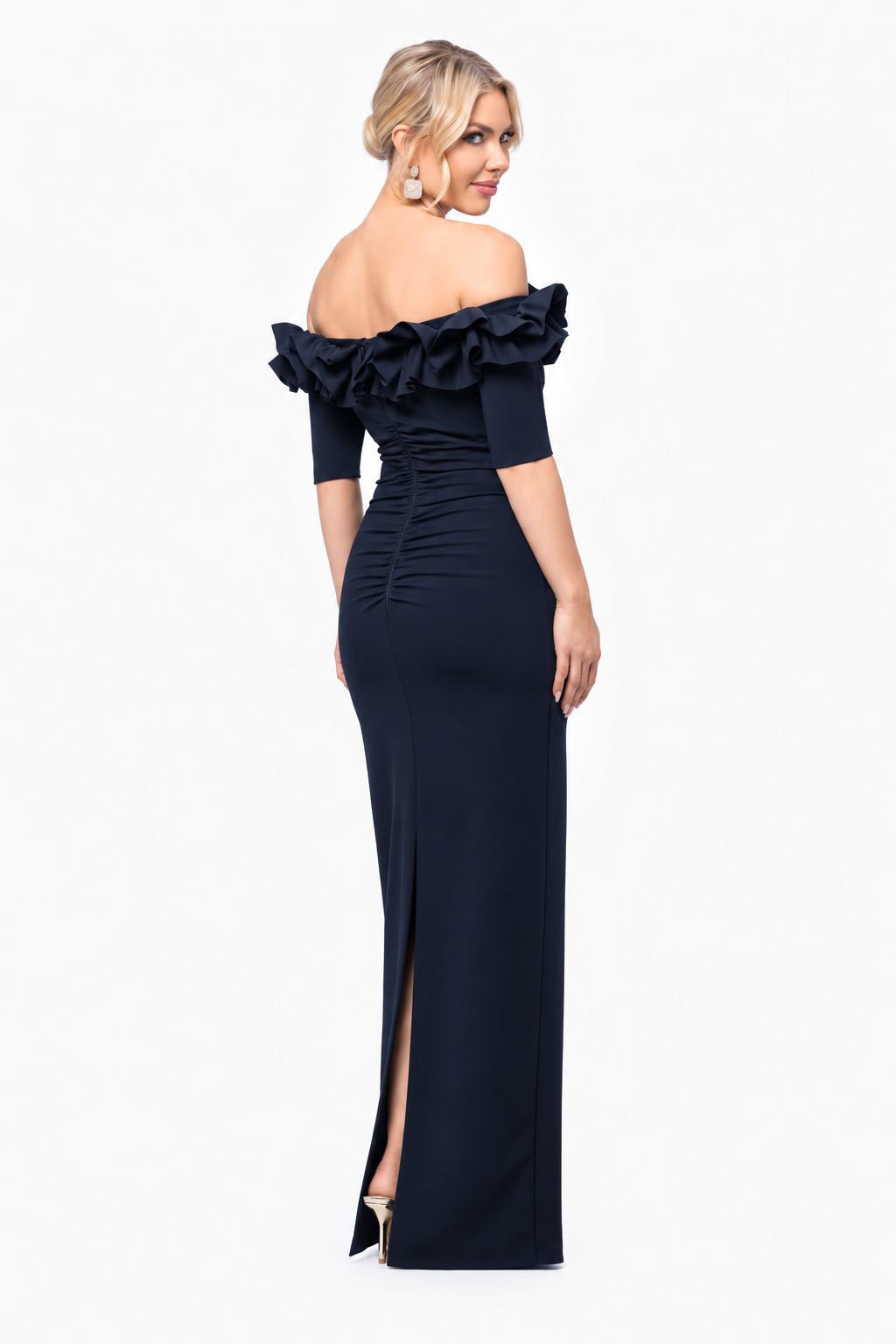 "Isla" Scuba Crepe Off The Shoulder Ruffle Dress