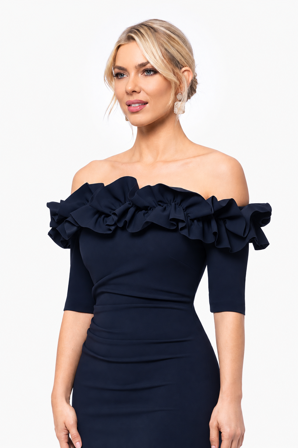 "Isla" Scuba Crepe Off The Shoulder Ruffle Dress