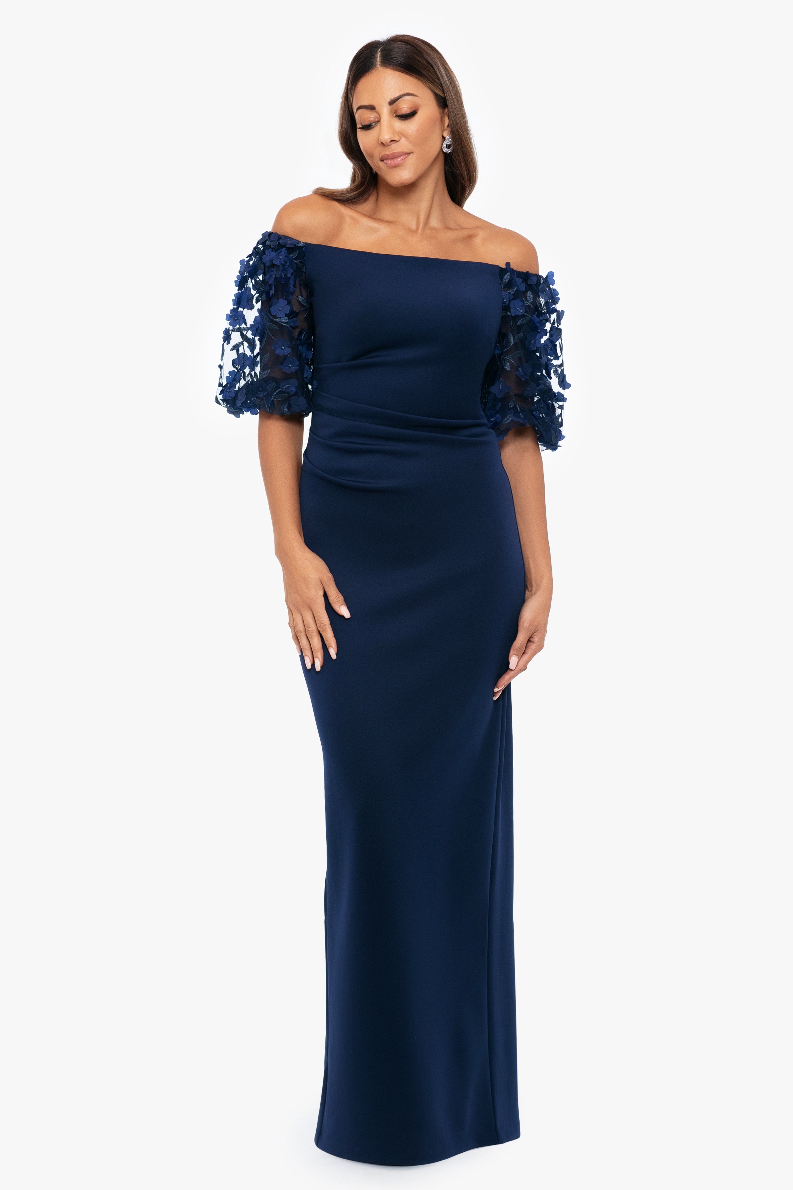 "Bernice" Techno Scuba 3D Floral Sleeve Floor Length dress