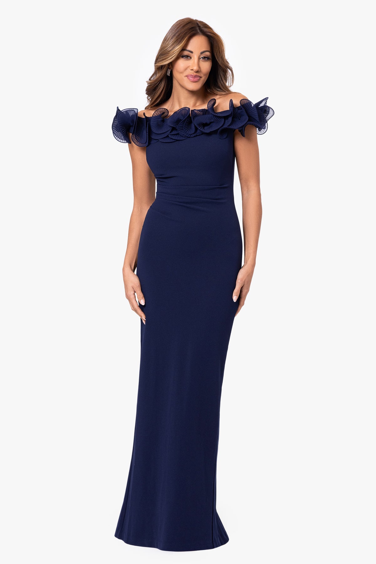 "Jessica" Scuba Crepe Ruffle Wire Neck Dress