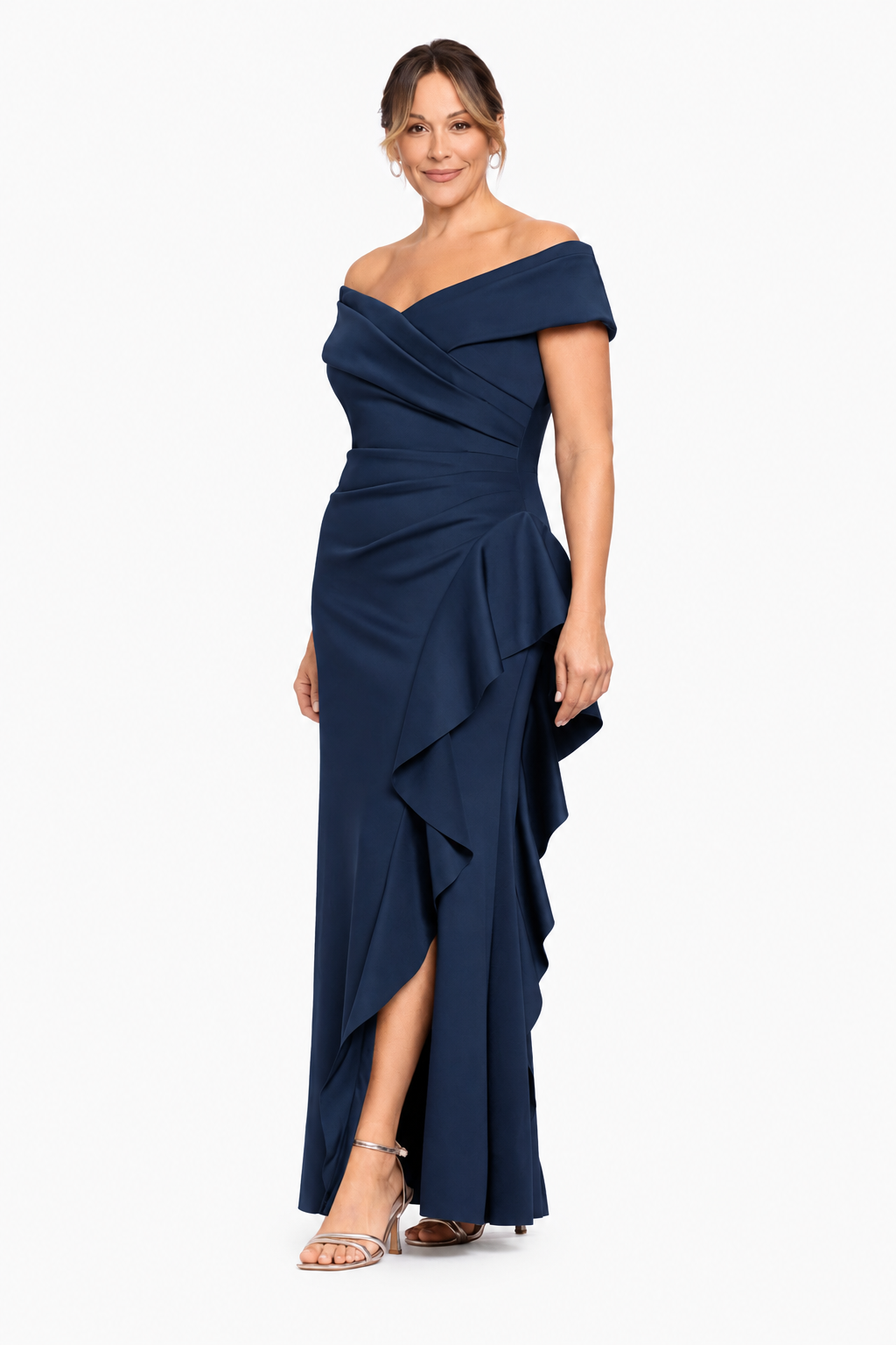Plus "Pearl" Techno Scuba Off the Shoulder Ruffle Dress