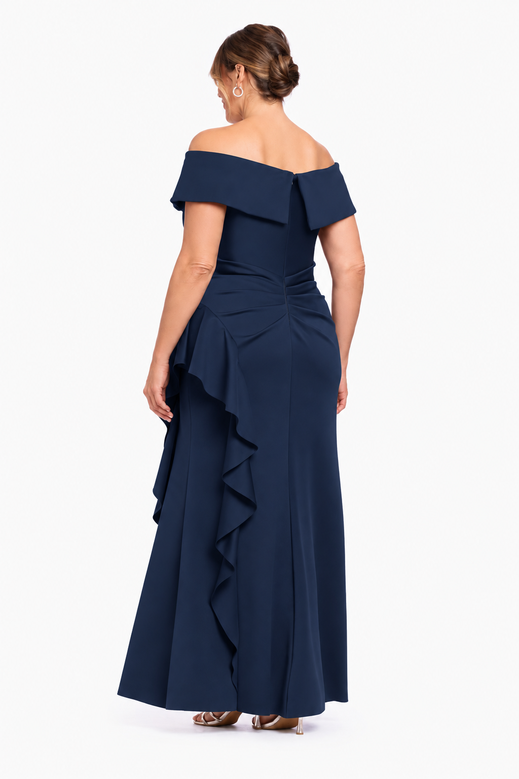 Plus "Pearl" Techno Scuba Off the Shoulder Ruffle Dress
