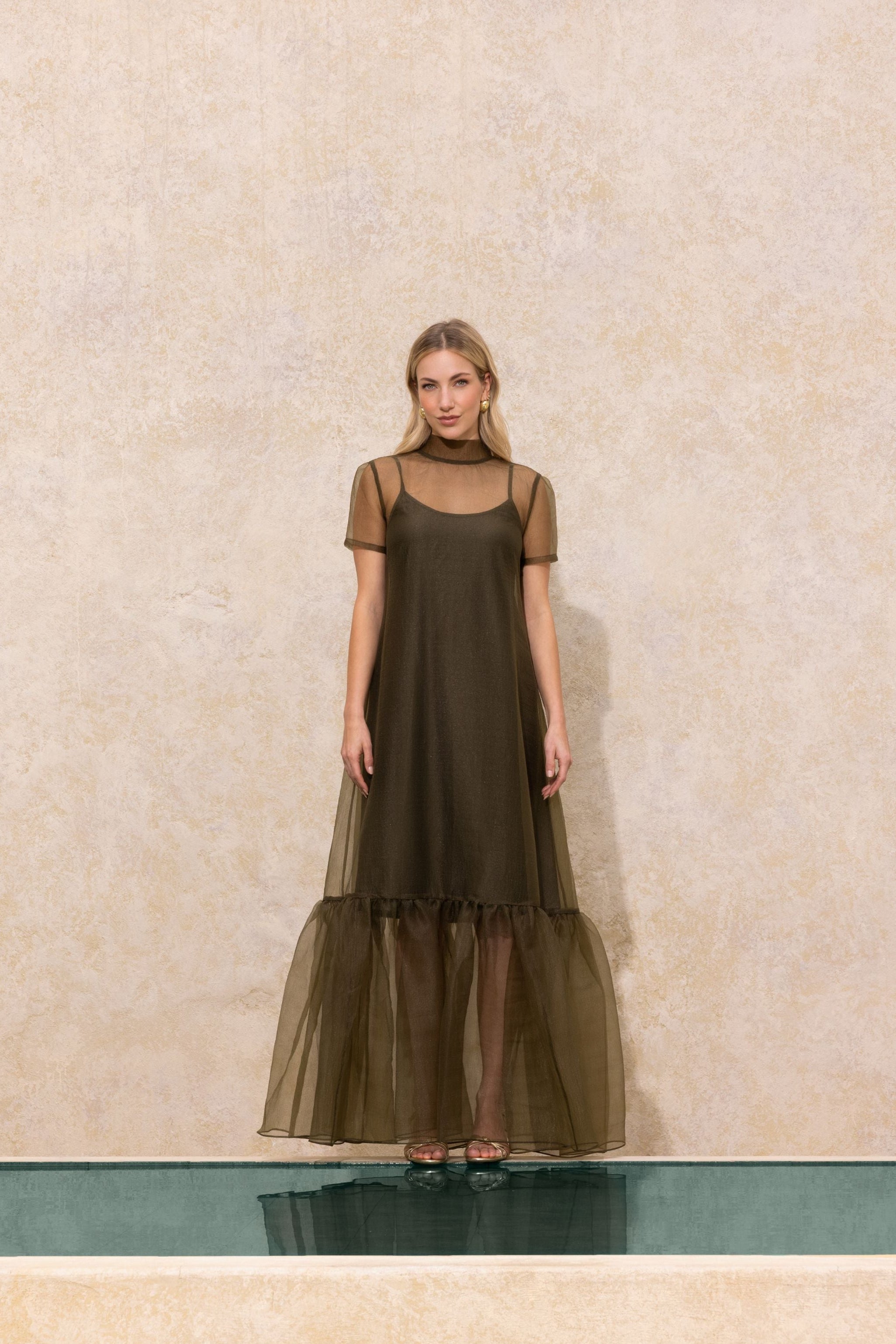 "Priscilla" Organza Turtleneck Overlay Slip Dress