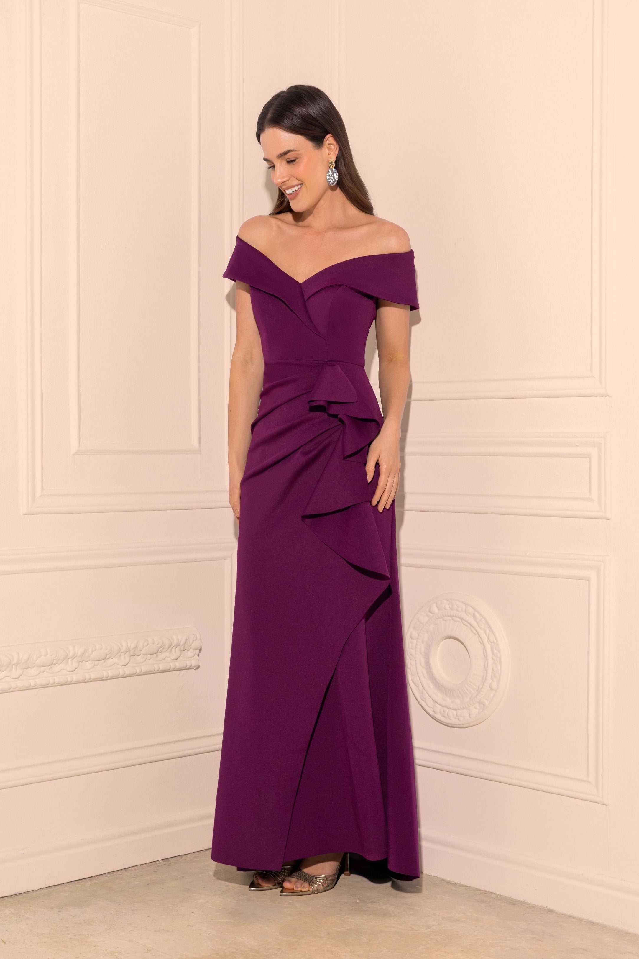 "Patti" Long Off the Shoulder Techno Scuba Dress