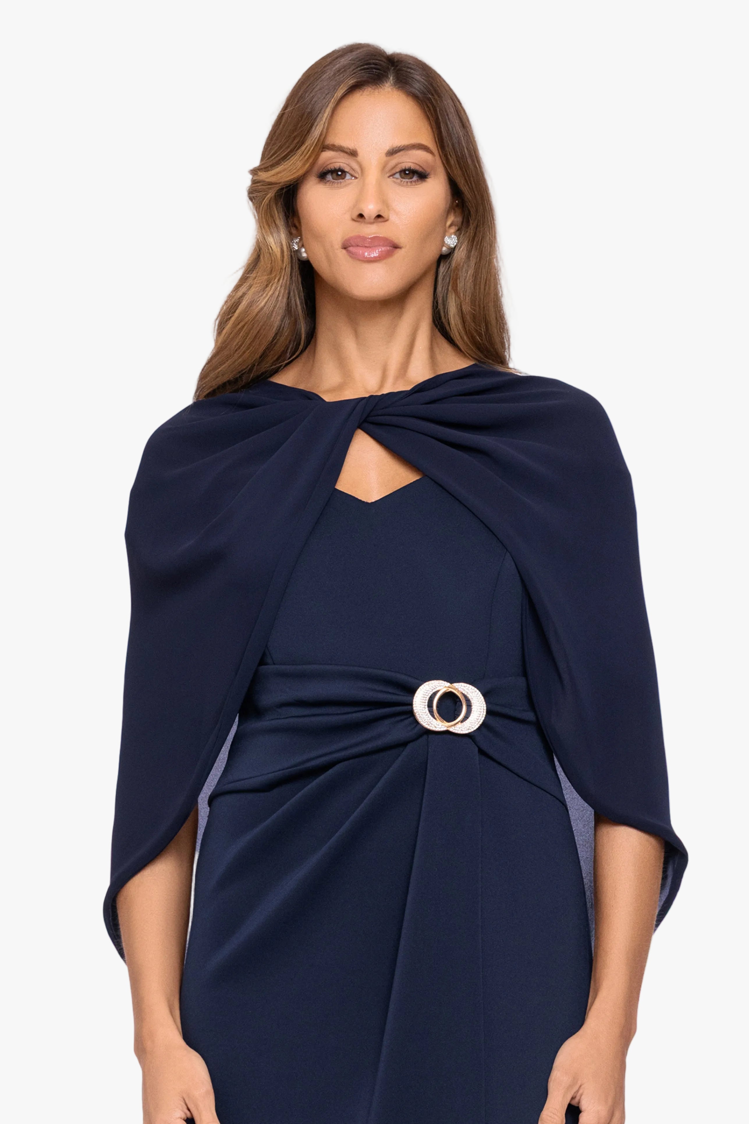 Navy “Nikita” Chiffon Twist Shawl Wrap, front view on model