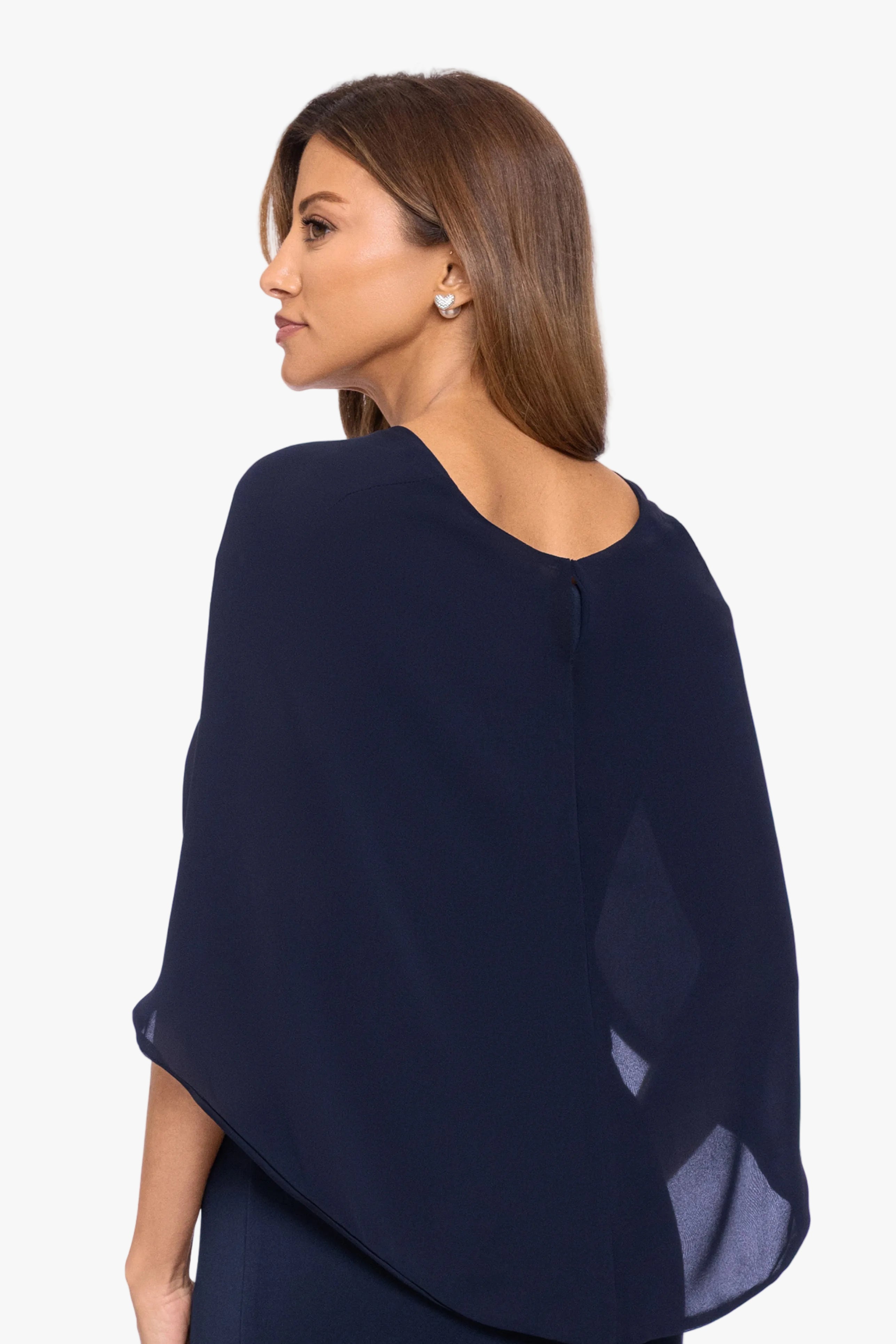 Navy “Nikita” Chiffon Twist Shawl Wrap, back view on model