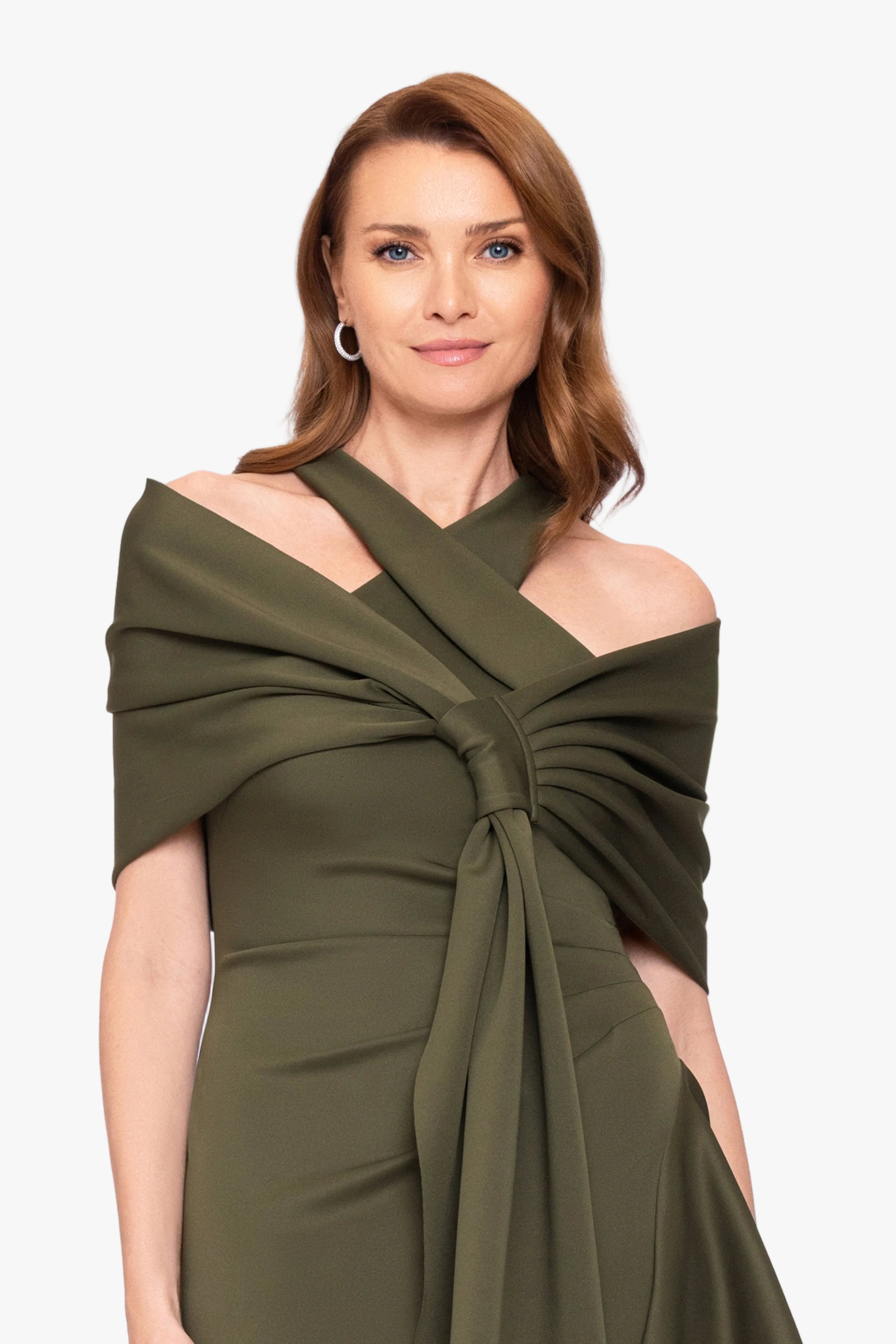 Olive “Carol” Techno Scuba Pull Through Shawl Wrap, worn front view